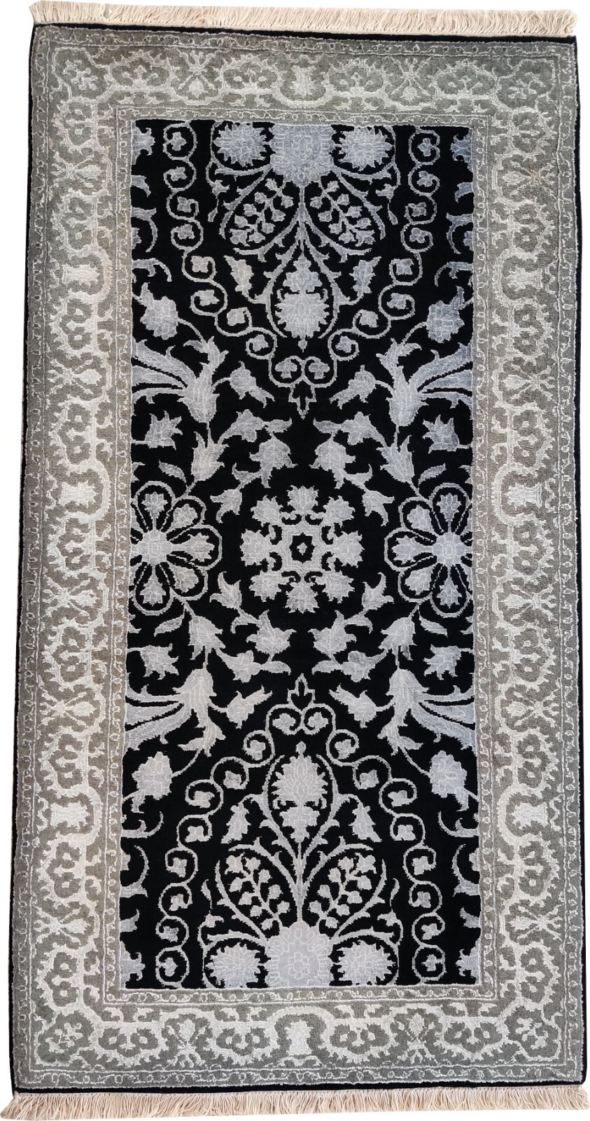 Vintage Hand Knotted Wool Rug for Bedroom Oriental Black Grey 70 x 140 cm