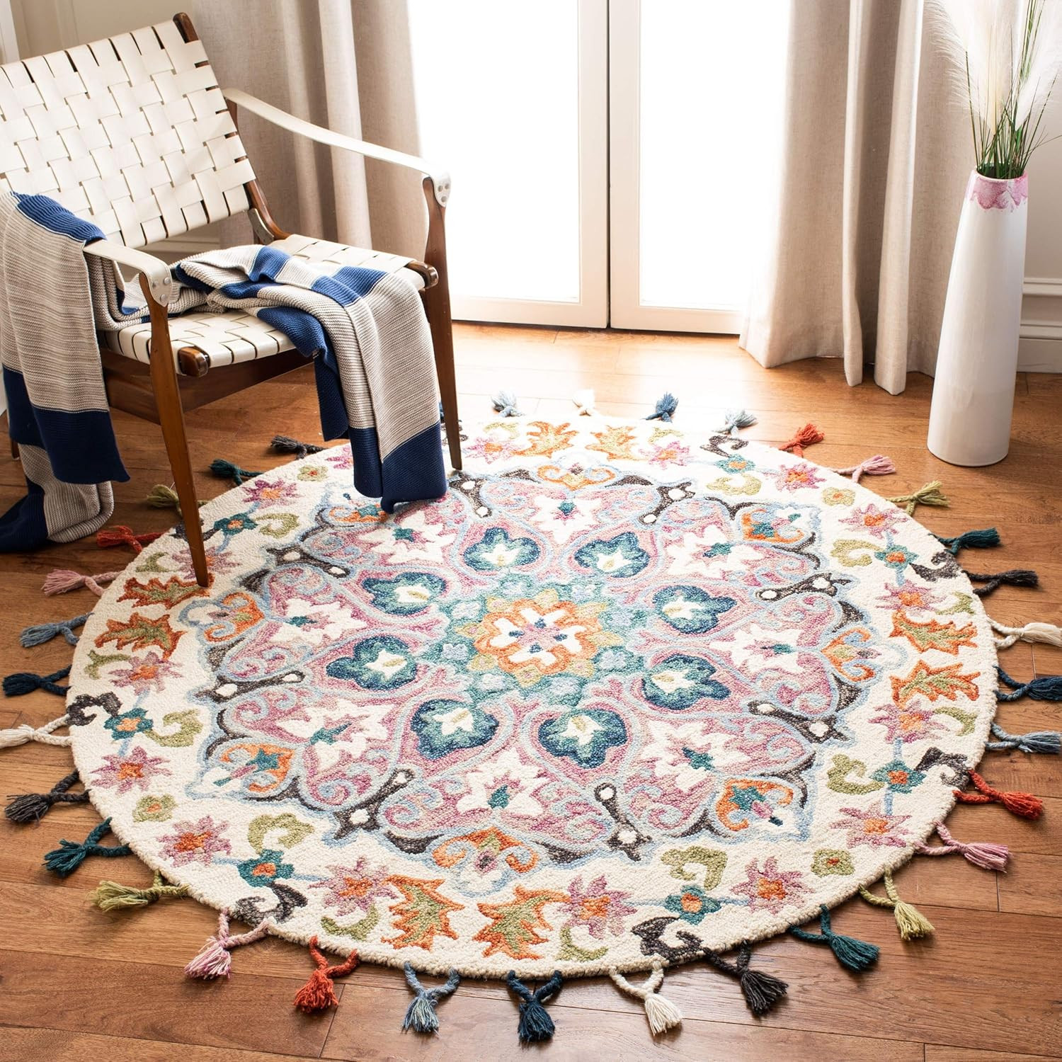 Handmade Boho Floral Tassel Area Rug – 3′ Round, Pink & Blue, Durable Design