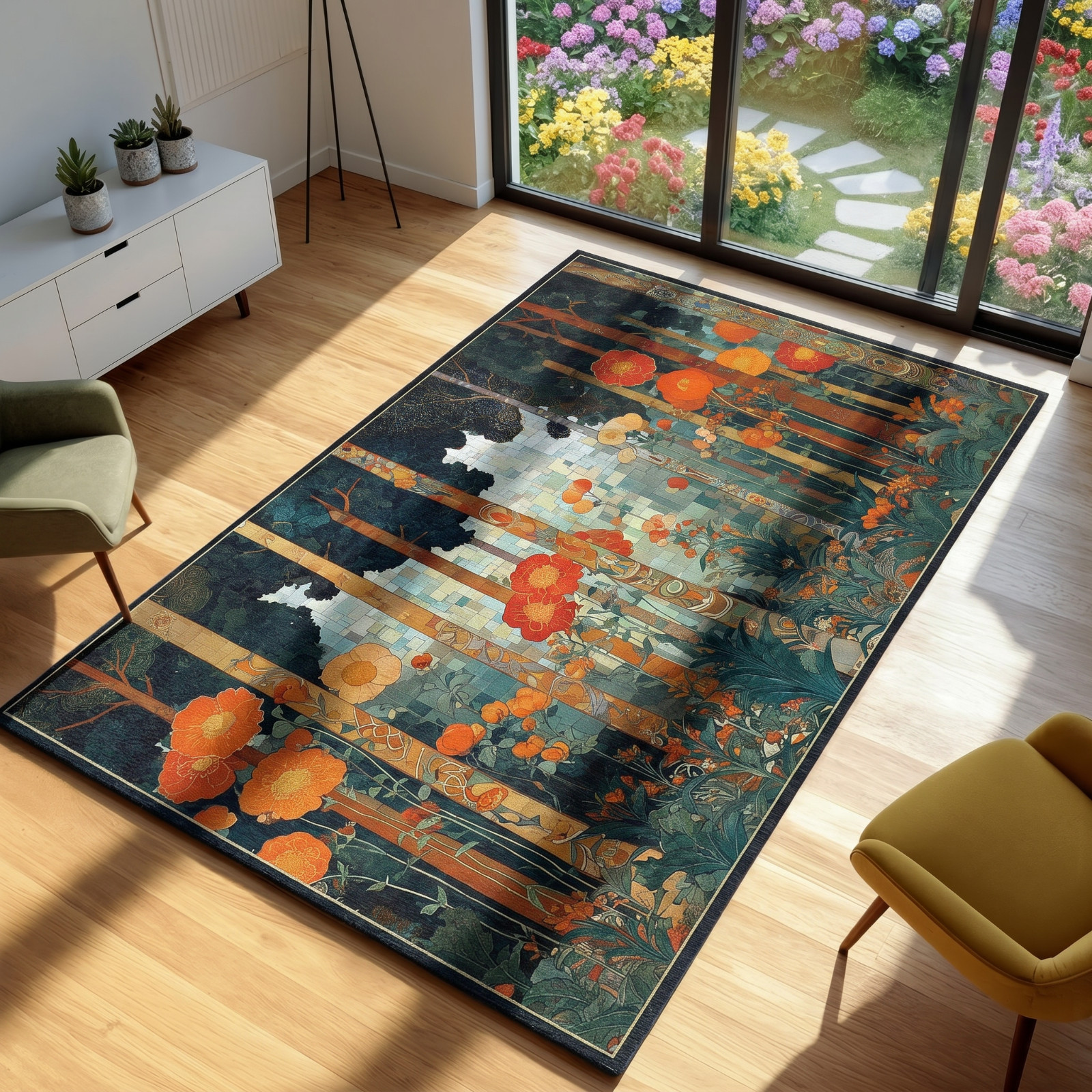 Art Nouveau Poppy Forest Area Rug, Mosaic Botanical Floor Art Carpet
