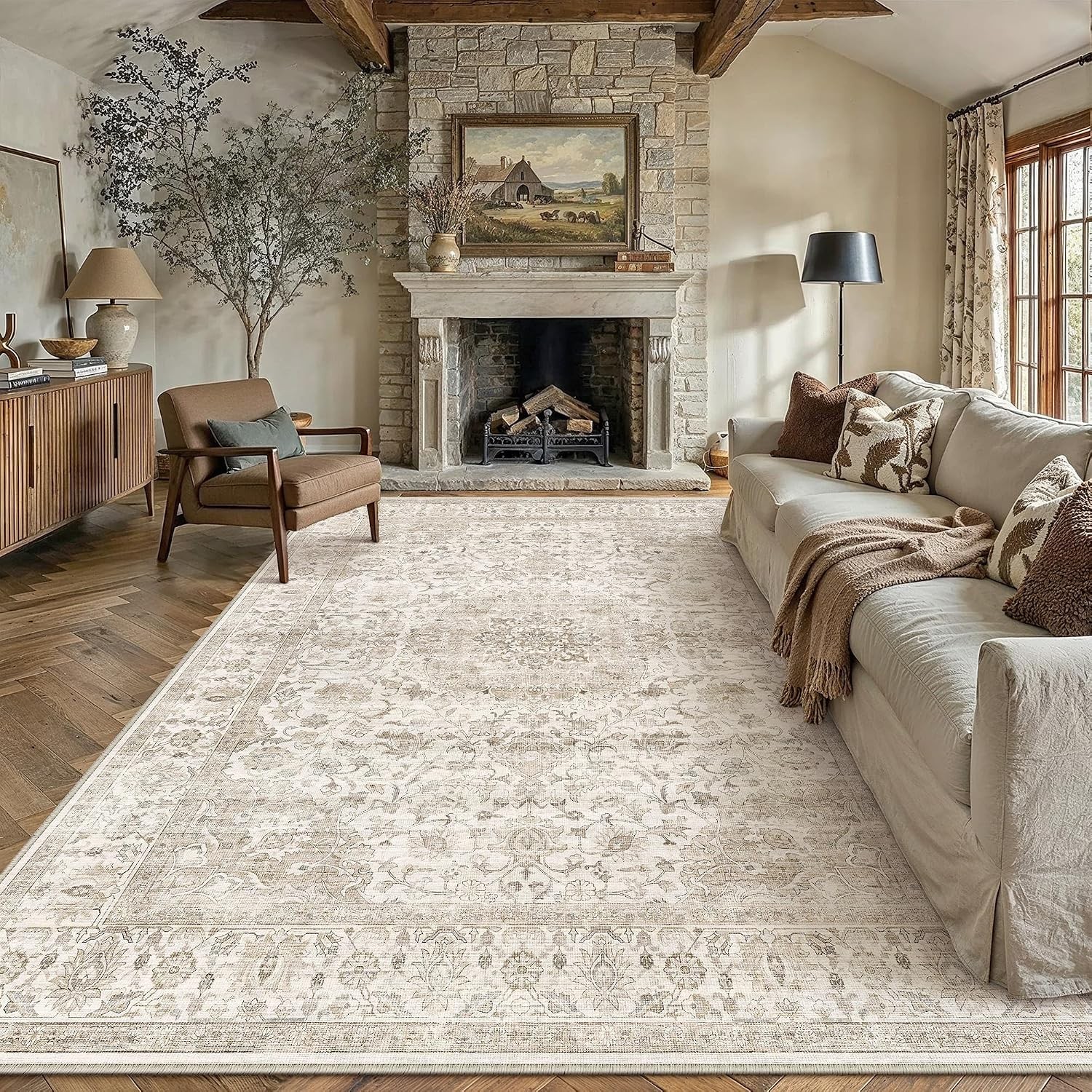 Vintage 8×10 Area Rugs, Washable Non-Slip Beige Floral Medallion Carpet, Low