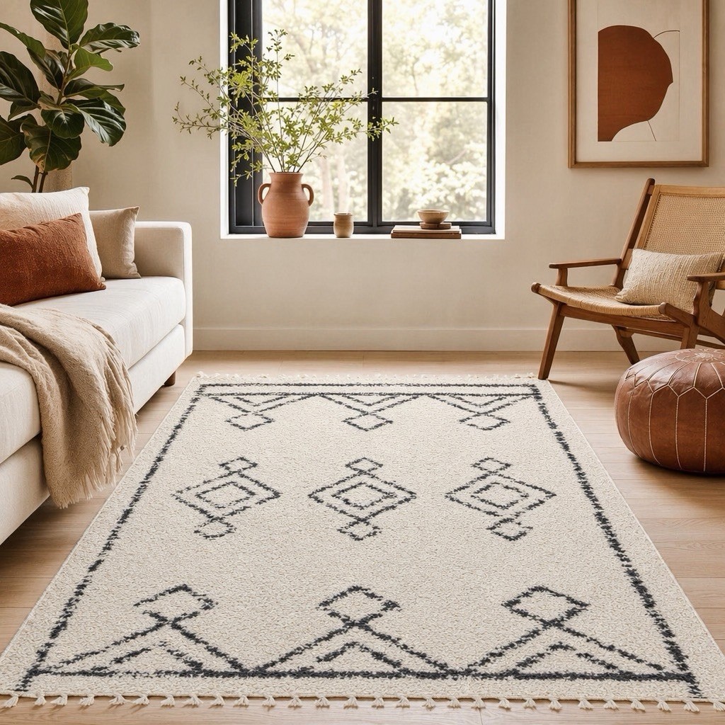 NEW West Elm White Black Boho Tassel Geometric Shag Area Rug Carpet – 8′ x 5′