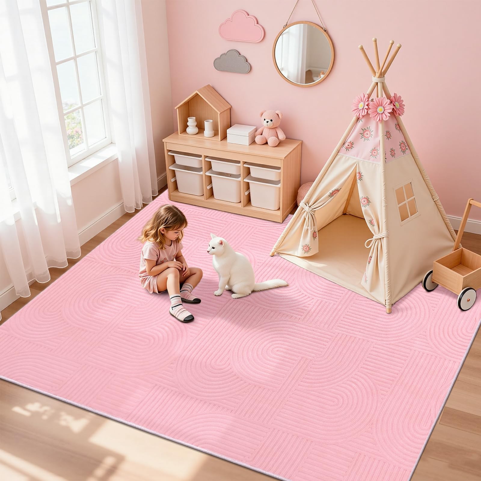 Pauwer Pink Area Rug for Girls Bedroom 8×10 Soft Fluffy Non Slip Machine