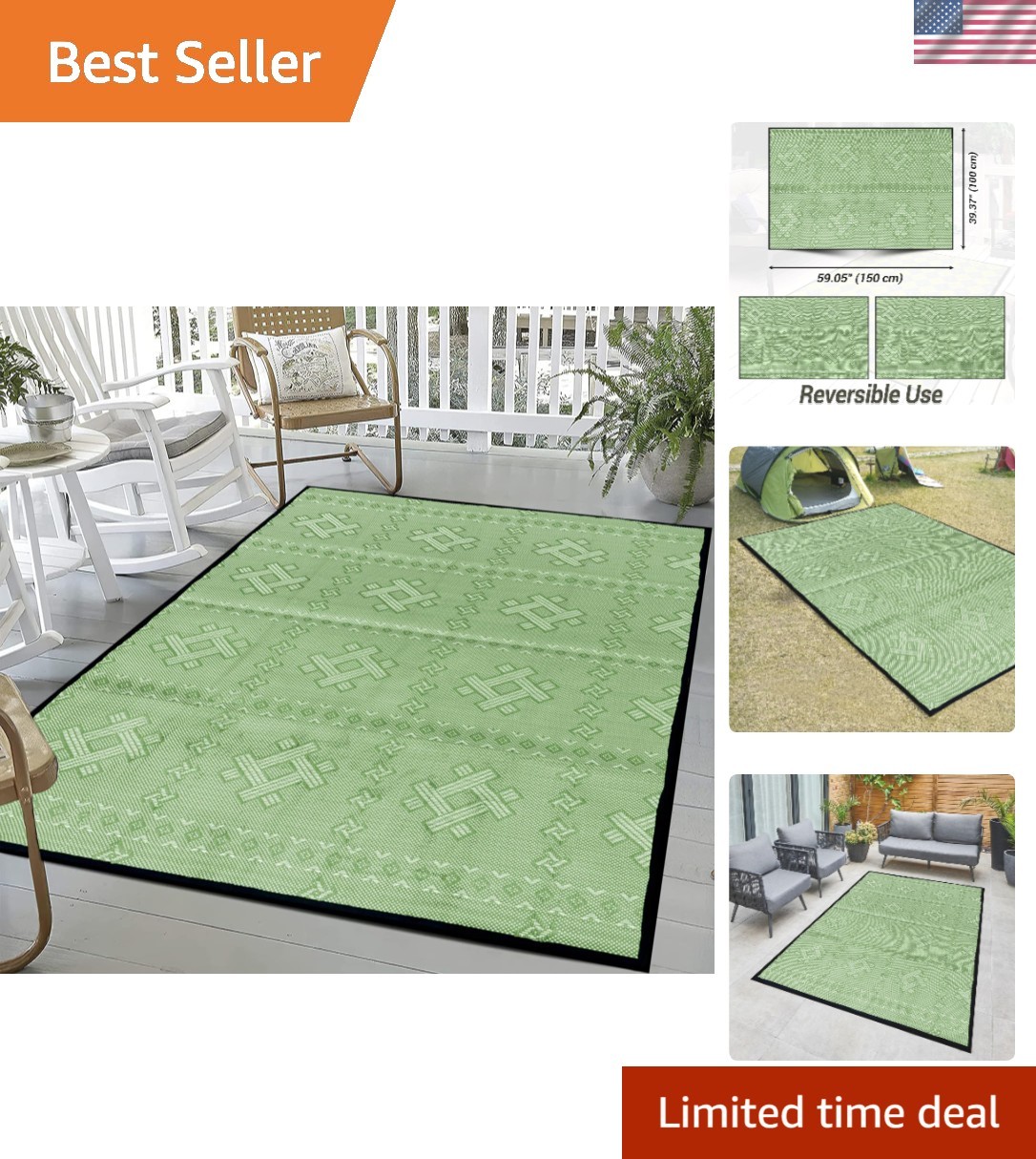 Elegant Foldable Outdoor Rug 5×3.3ft – Stylish Green Geometric Pattern