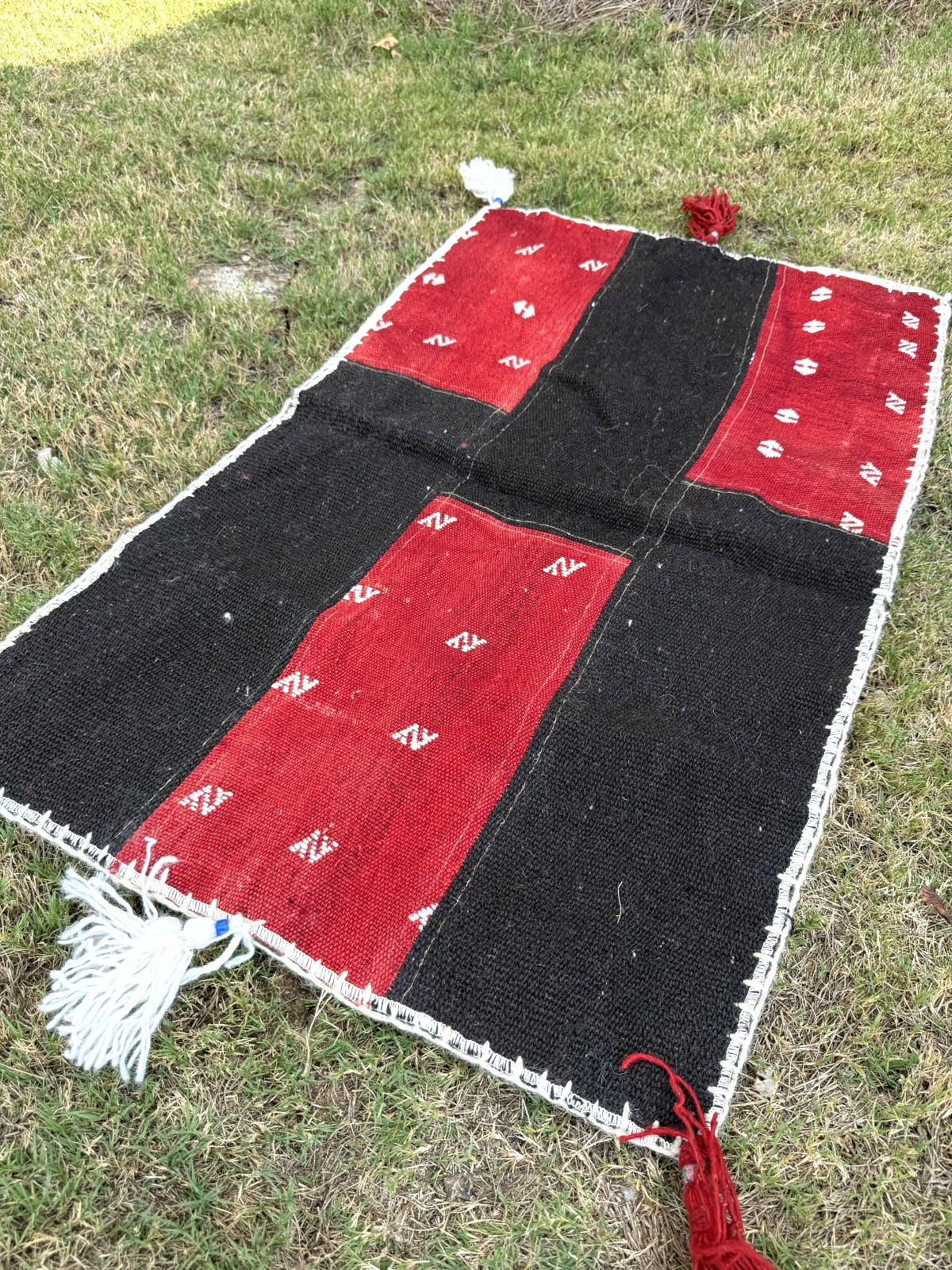 Black Red Anatolian Kilim Rug, 25.6×37.4 in (65×95 cm) Handmade Wool with Tassel