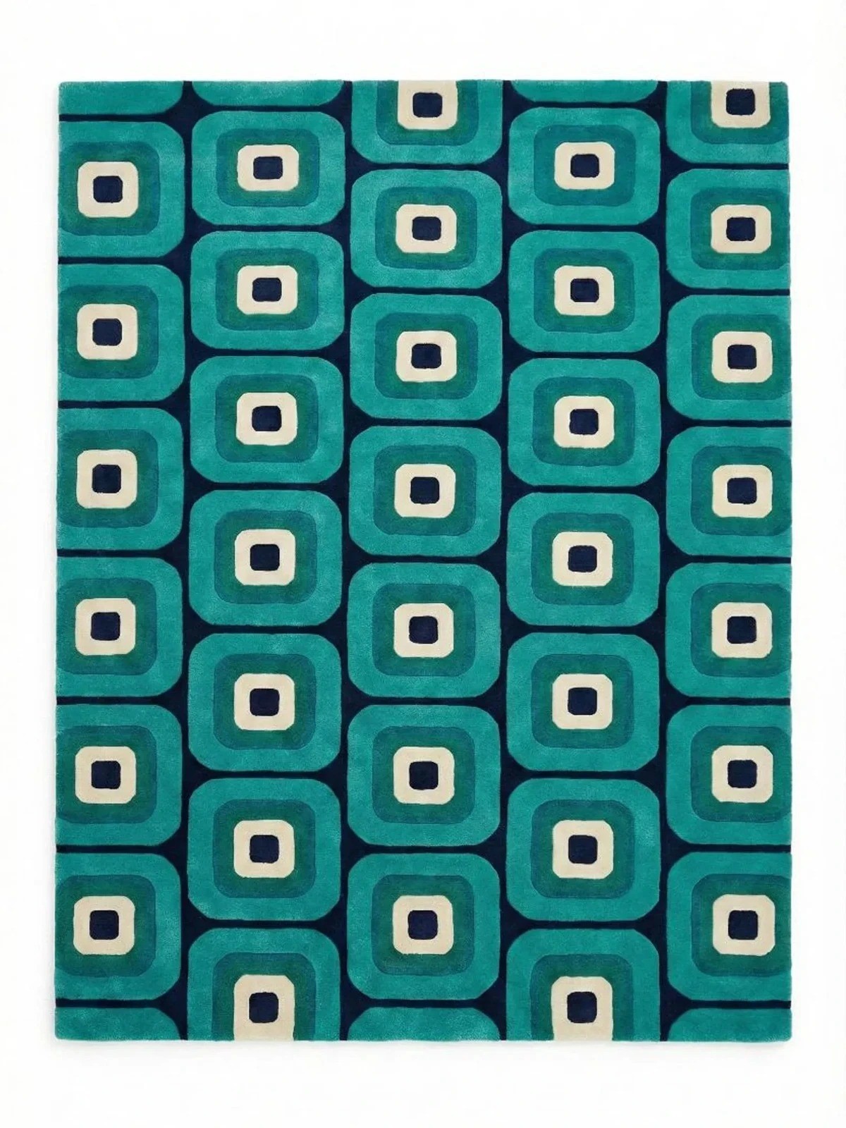 Hand Tufted Teal Blue Wool Rug 8×10 Mid Century Modern Geometric Retro Area Rug