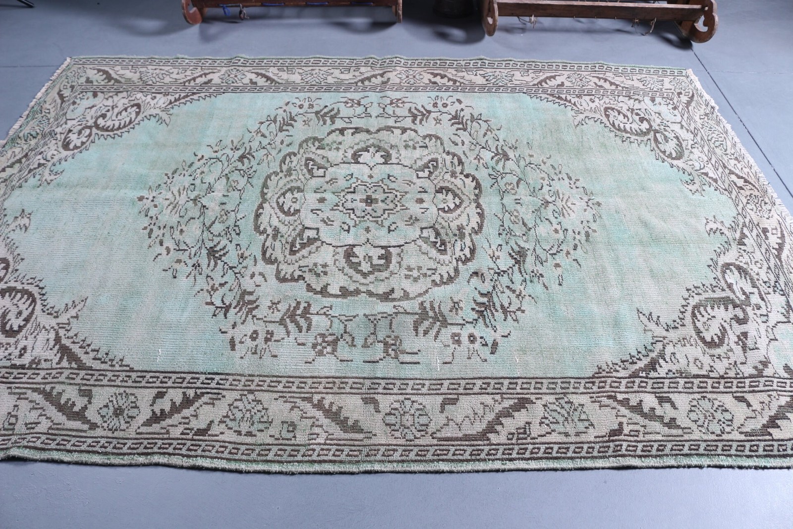 6,1×8,8 ft Vintage Rug, Green Oriental Turkish Rug Wool