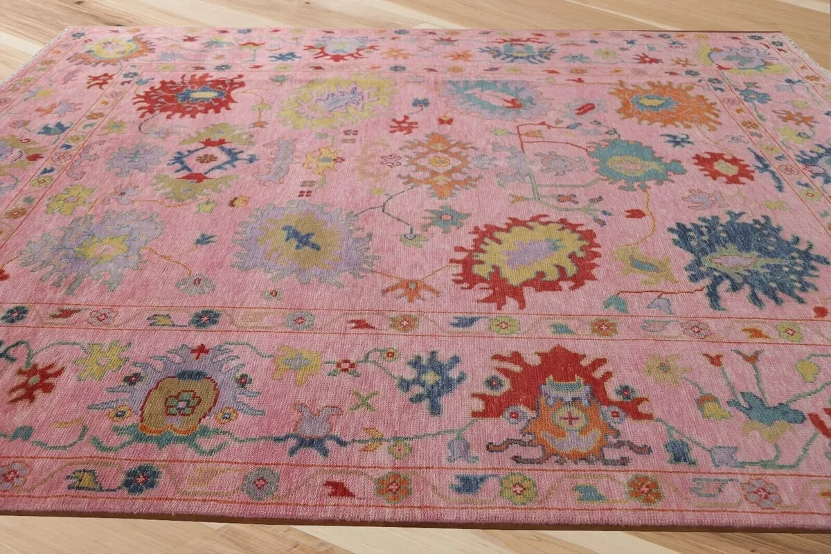 Hand Knotted Pink Floral Oushak Turkish Contemporary ethnic Rugs for living area