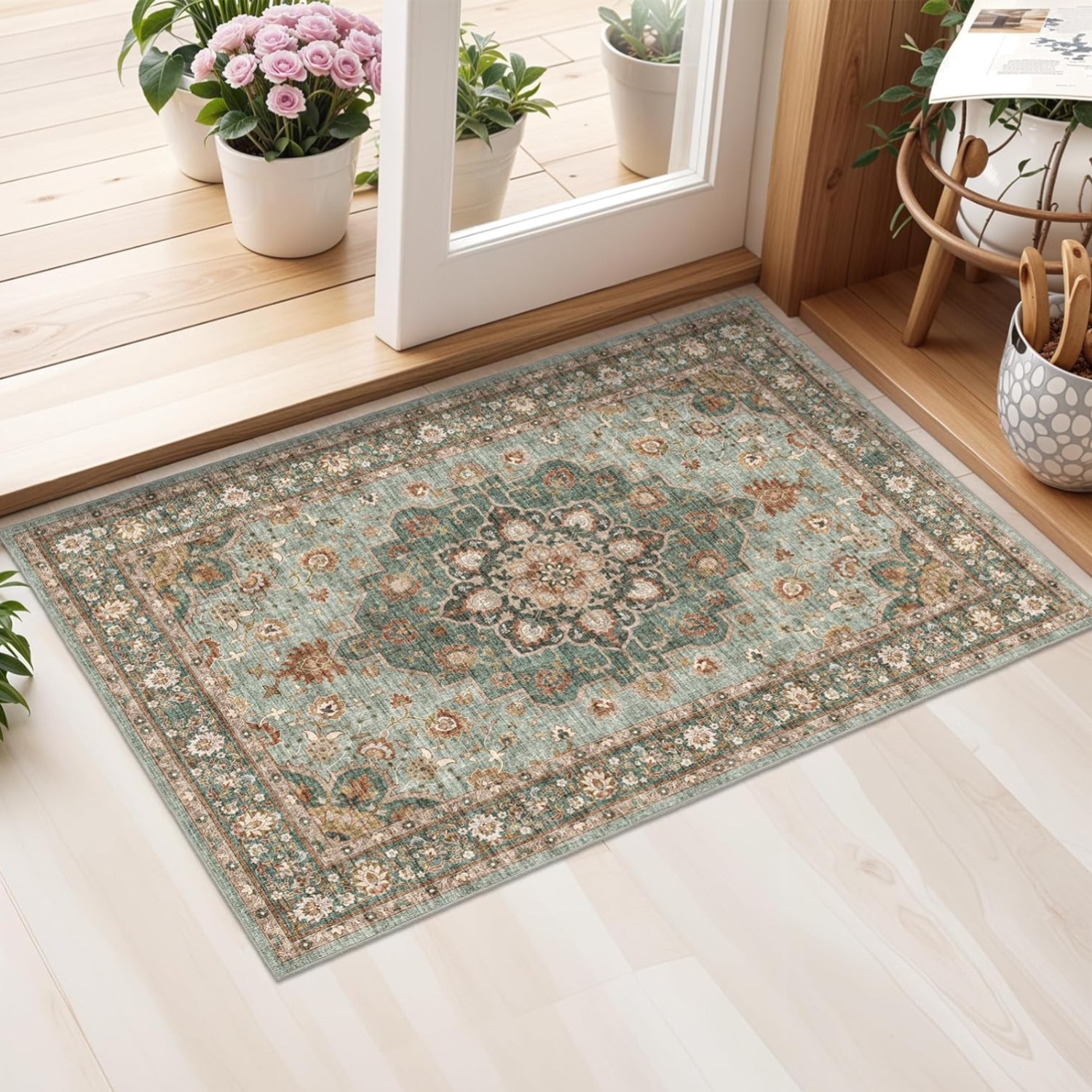 Washable Area Rug 2×3 Floral Green Stain Resistant Low Pile Indoor