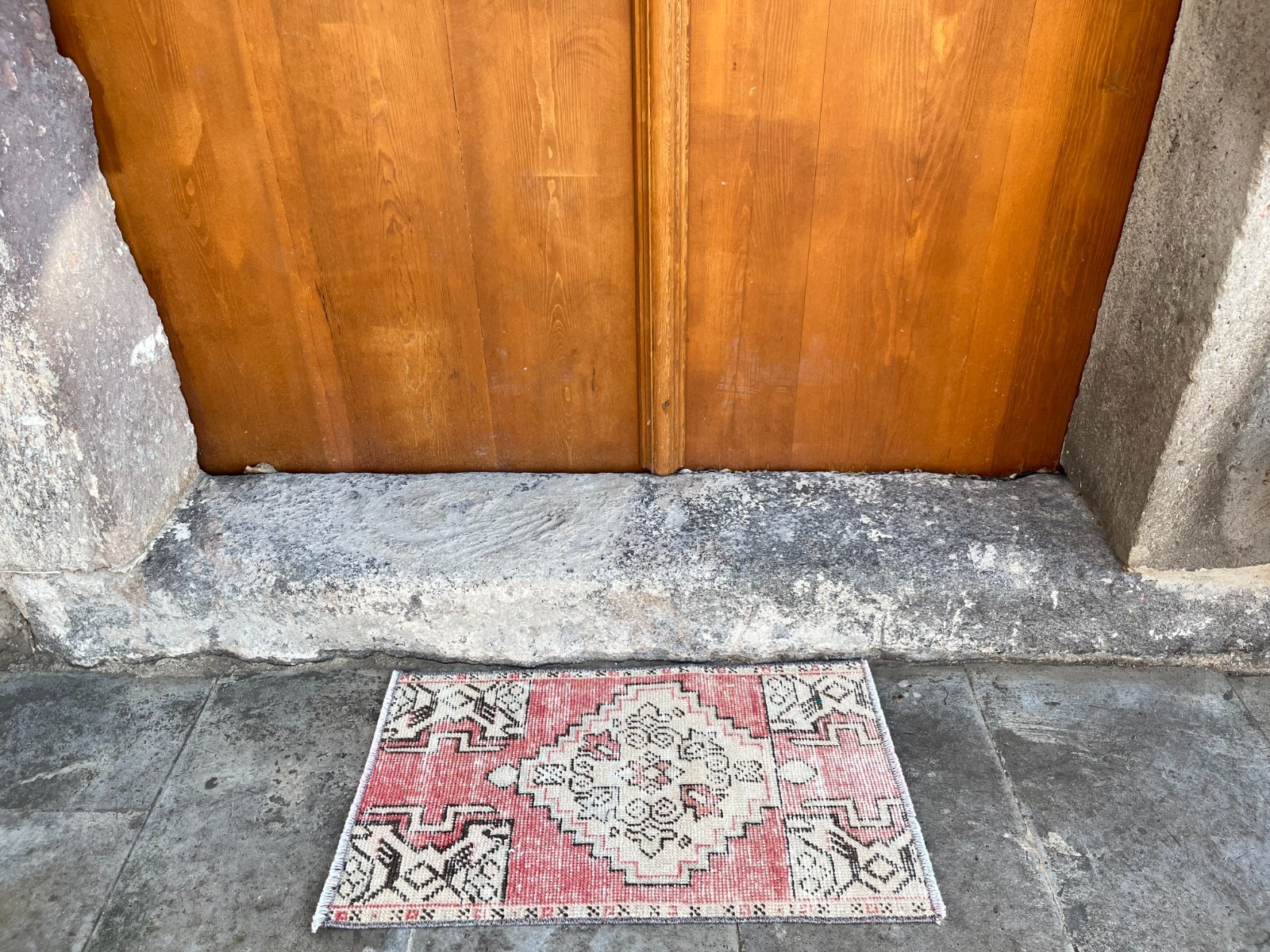 Vintage Turkish Rug 1.4×2.5 ft Hand-Knotted Wool Door Mat Boho Tribal Accent Rug