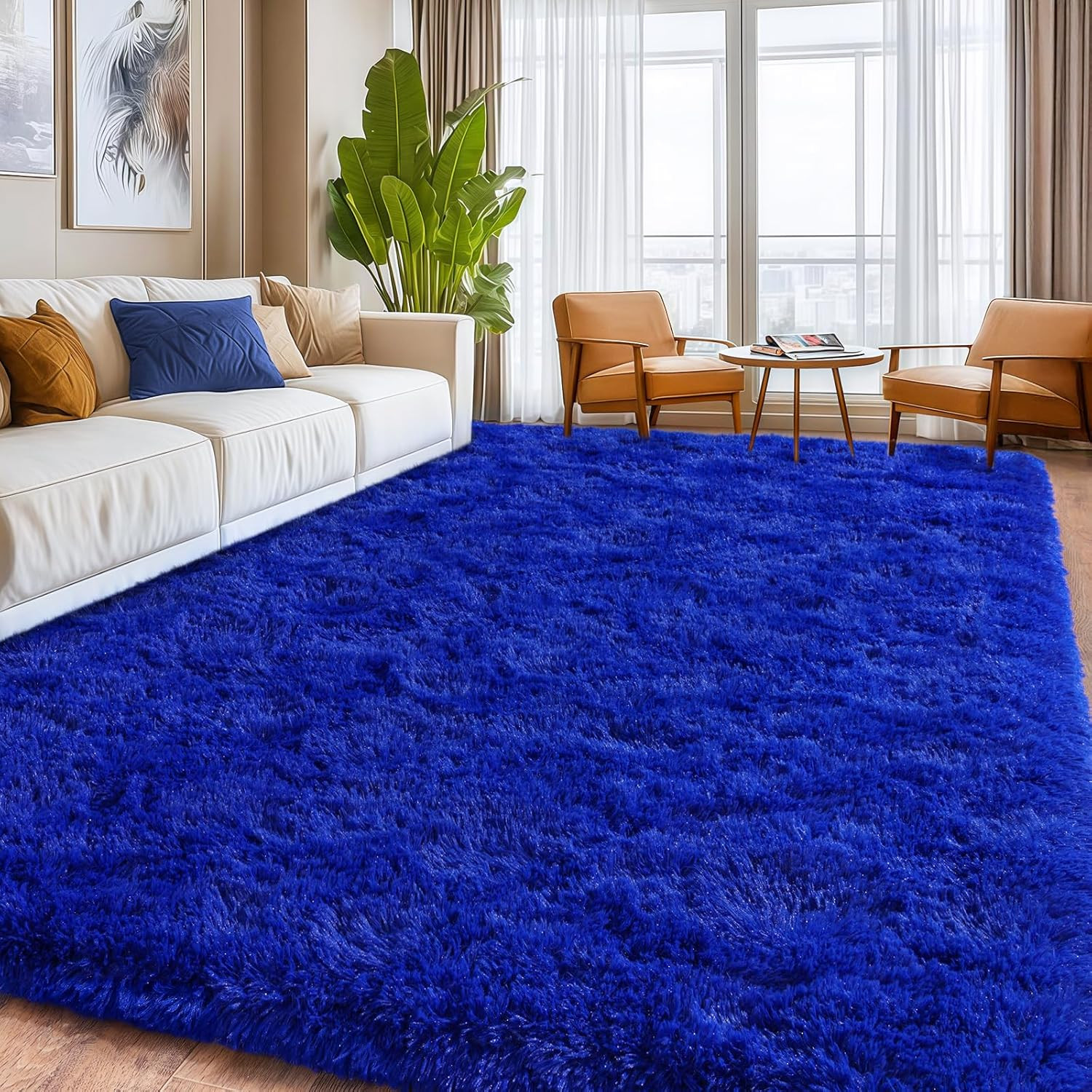Extra Large 10×14 Ft Blue Fluffy Shag Rug for Living Room & Bedroom Decor