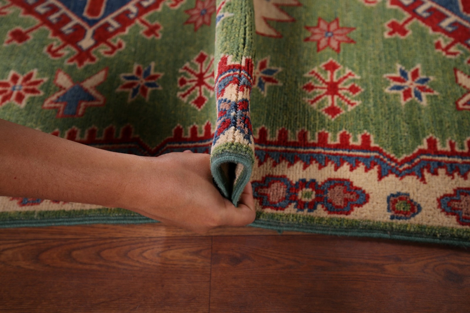 Light Green Kazak Accent Rug 3×4 Ft Hand-Knotted Geometric Oriental Foyer Carpet