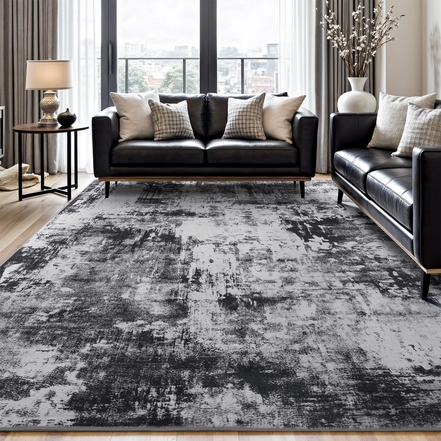 8×10 Area Rug Abstract Black Grey Low Pile Large Stain Resistant Washable Carpet