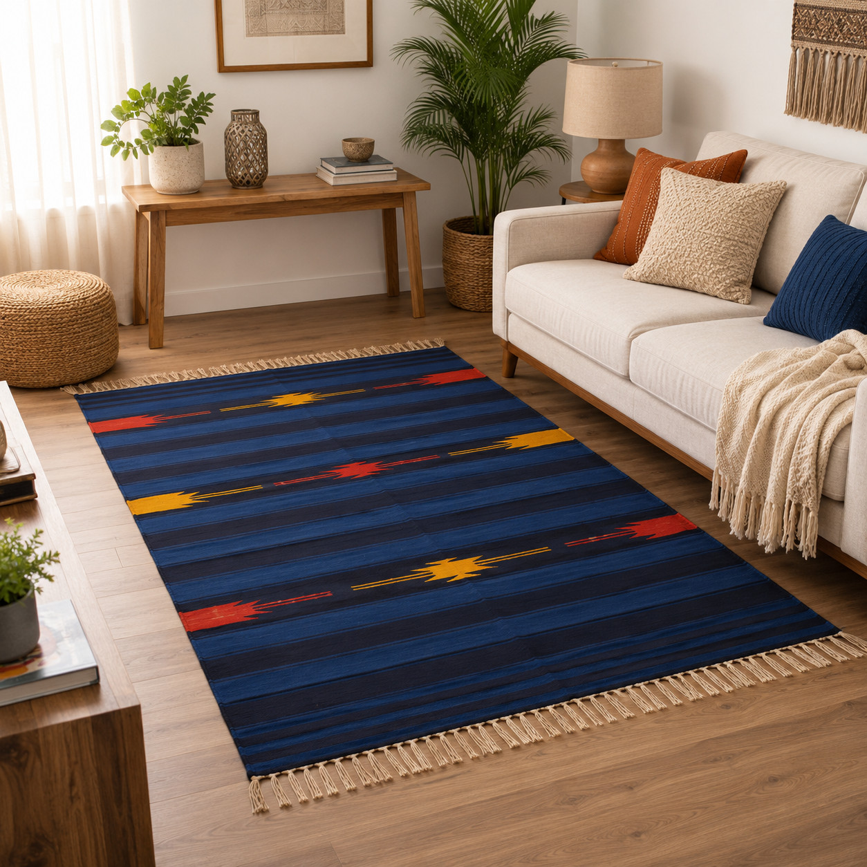 Blue Tribal Punjabi Dhurrie Rug Handmade Cotton Flat Weave Boho Area Rug 3.3×6