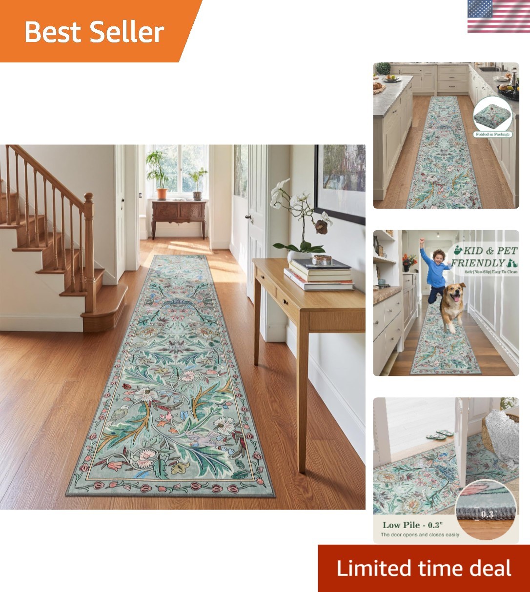 Long 2′ x 10′ Botanical Runner Rug – Stain Resistant, Washable Elegance for Home