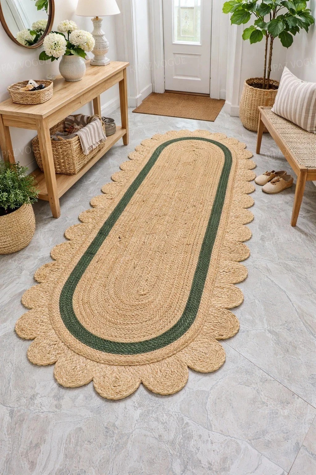 Jute Natural Braided Oval Rug Scalloped Edge Hallway Runner Carpet Farmhouse Mat