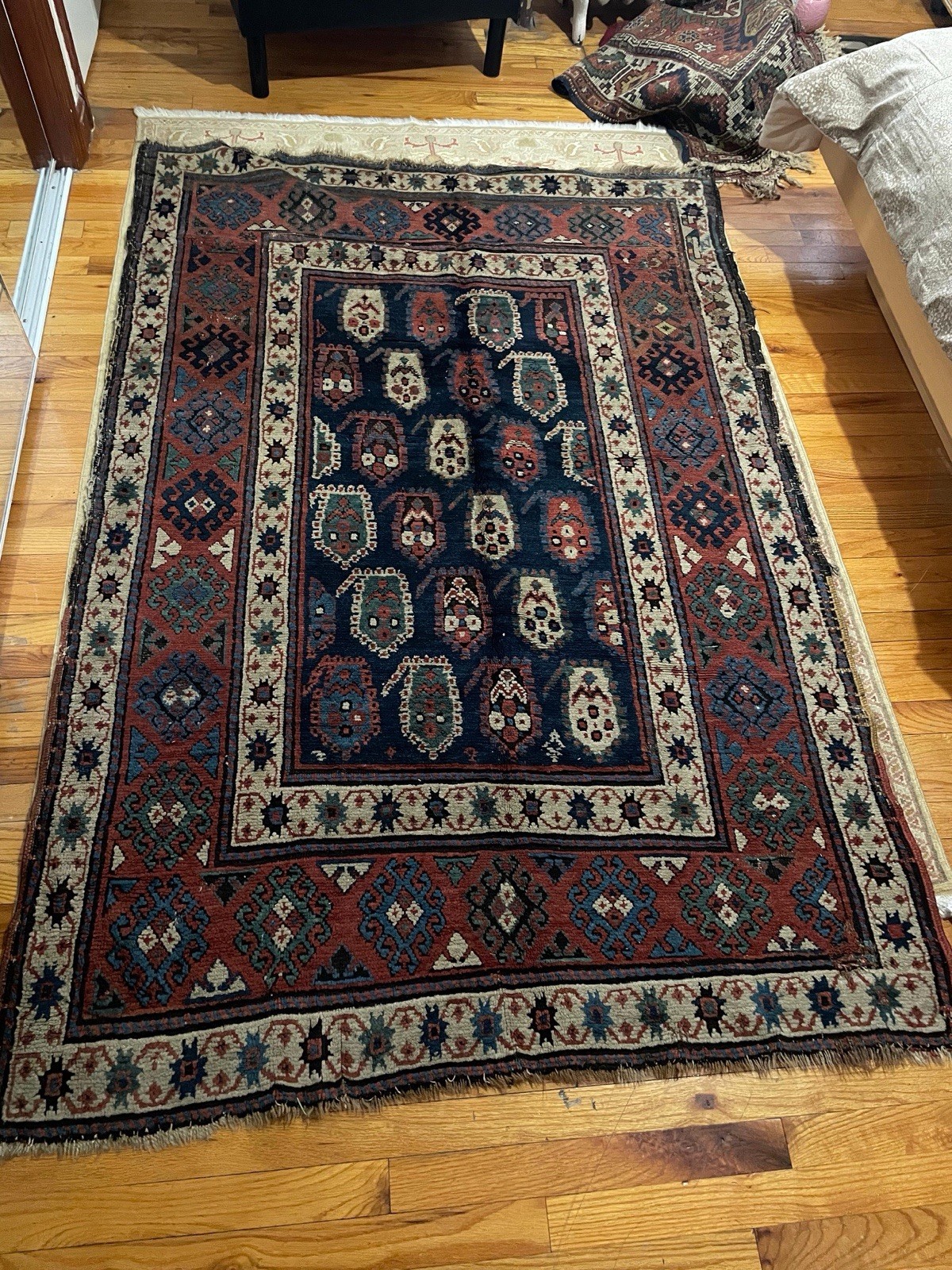 Antique Caucasian Kazak Rug 4×6 Navy Boteh Allover Geometric Hand Knotted Tribal
