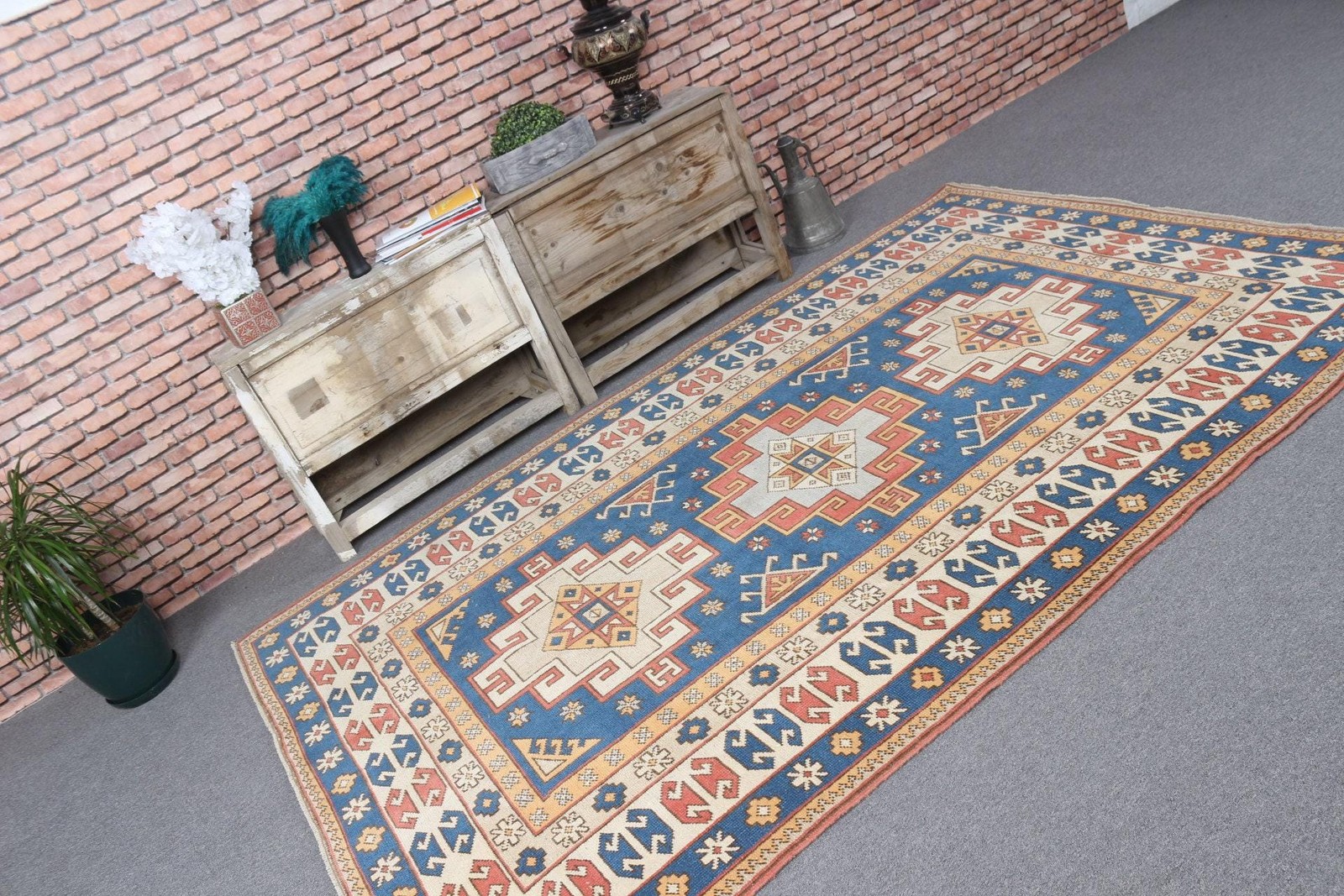 Vintage 5,5×8,3 ft Rug, Turkish Rug, Blue Solid Rug Wool