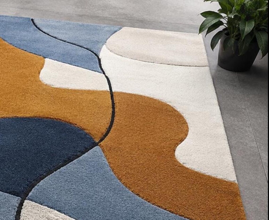 Modern 3D Carved Abstract Area Rug Hand Tufted Blue Ochre Yellow Wavy Large