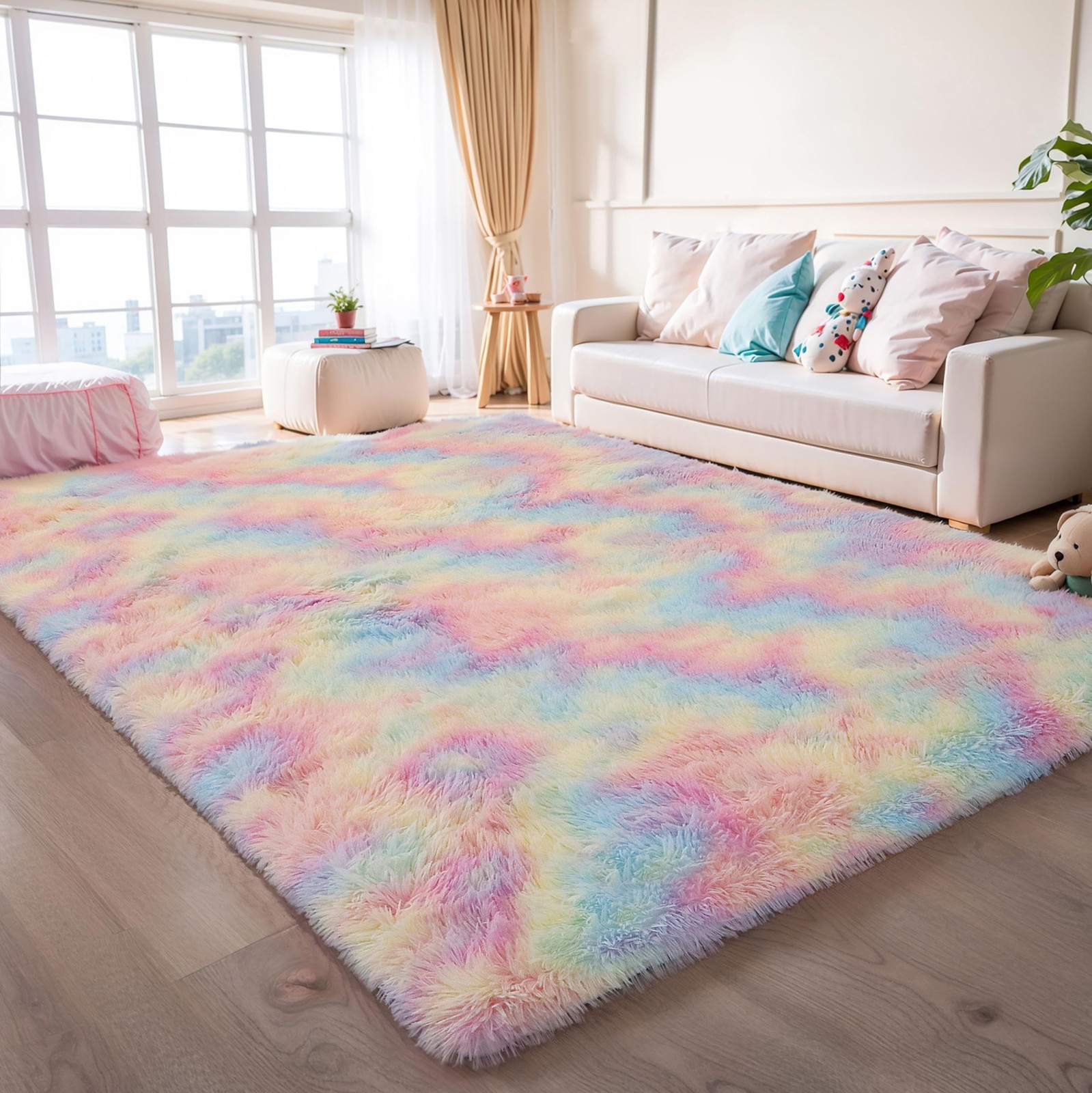 Washable 4X6 Rainbow Fluffy Shaggy Area Rugs Kawaii Princess Soft Plush Carpet