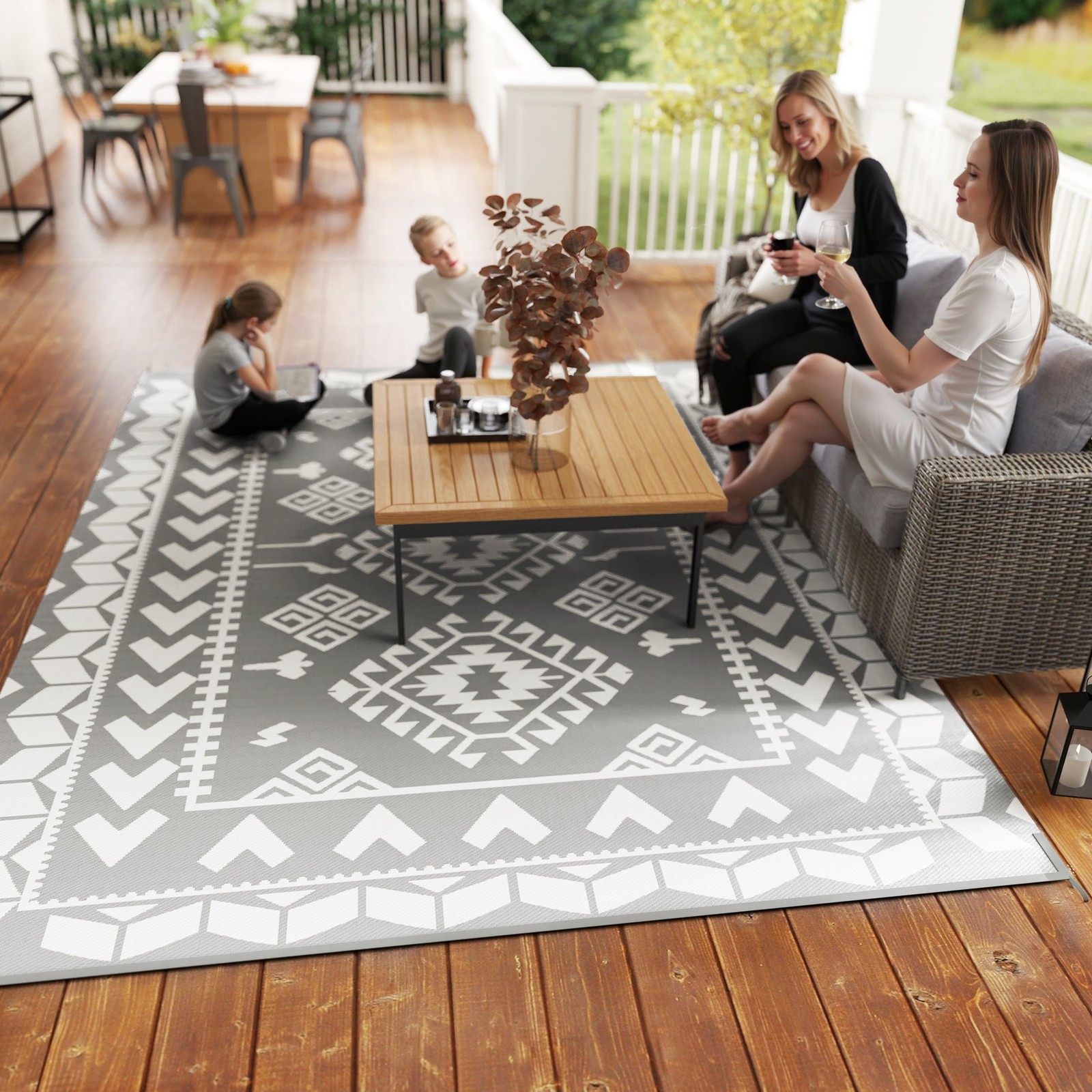 Outsunny Outdoor Rug, 9′ x 12′ Floor Mat, Gray White Rhombus Patchwork