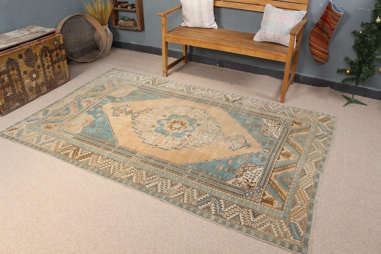 Turkish Vintage Rug 4,8×7,5 ft, Blue Solid Rug