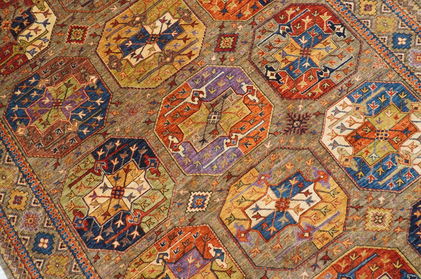 7×10 ft Taupe Gray Ersari Afghan Hand Knotted Wool Geometric Rug