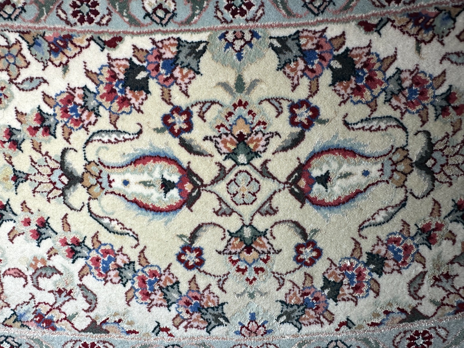 Large 102″ Nain-Style Round Floral Area Rug Fringe Ivory Burgundy Blue