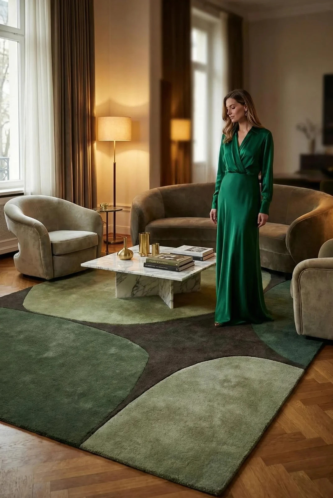 Modern Abstract Green Area Rug – Hand Tufted Wool Carpet Contemporary Home Decor