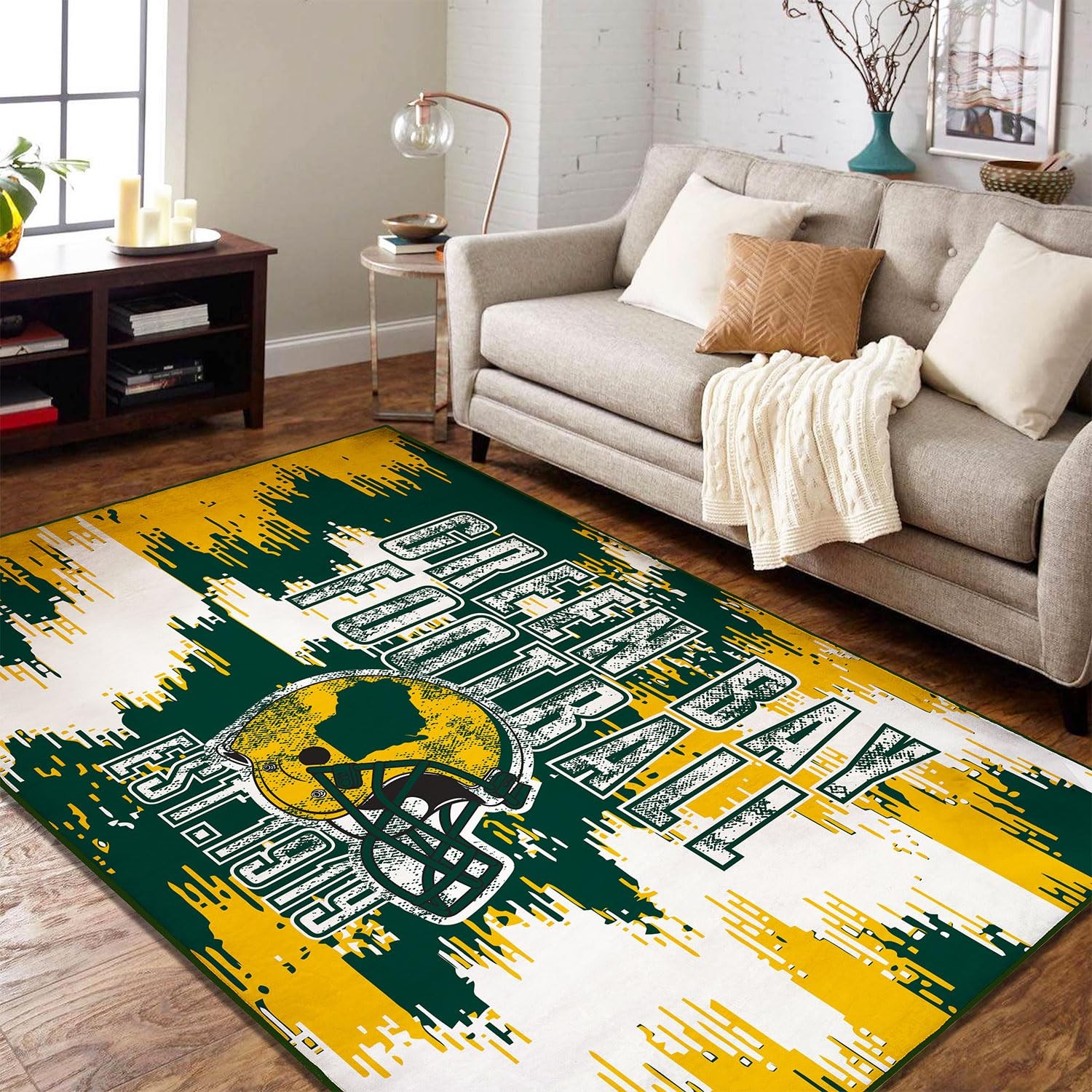 Green Bay Living Room Rug for Bedroom Machine Washable Football Sports Area R