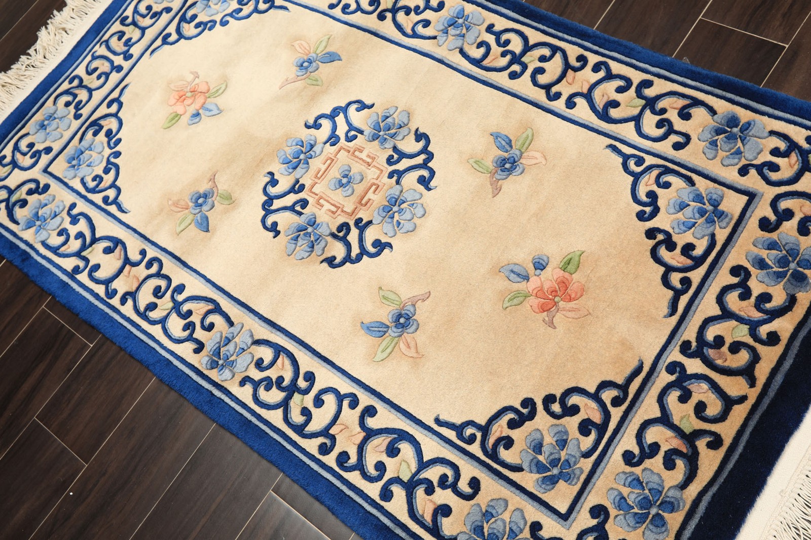 3×5 Hand-Knotted Wool Beige French Aubusson Savonnerie Plush Pile Medallion Rug