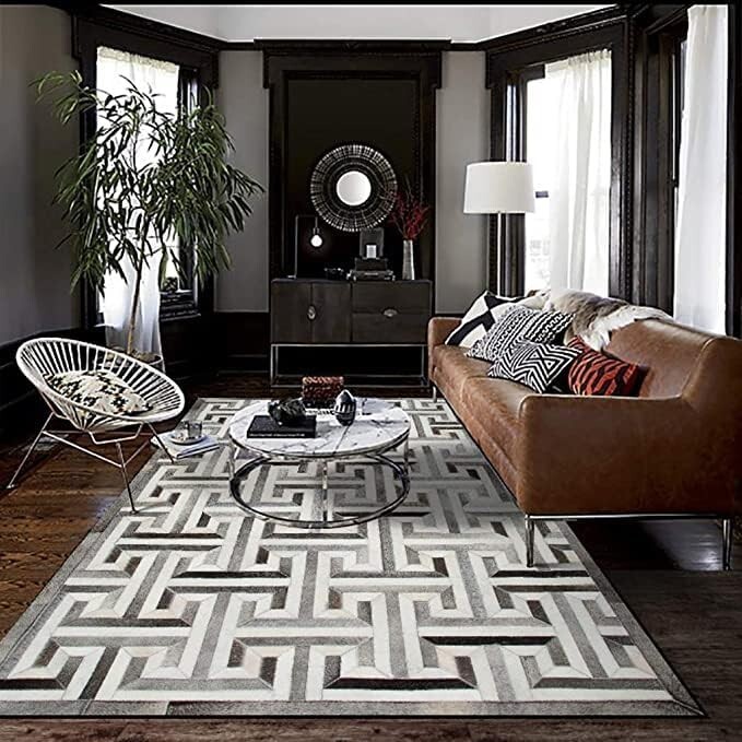 Hand Woven Natural Cowhide Hair on Patch Work Leather Carpet Room A-09