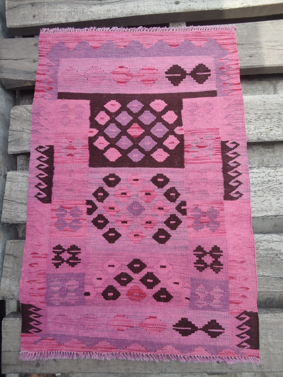 Overdyed Kilim Rug 2’8″ x 3’11” Pink Wool Flat Weave Pakistani Chobi Geometric