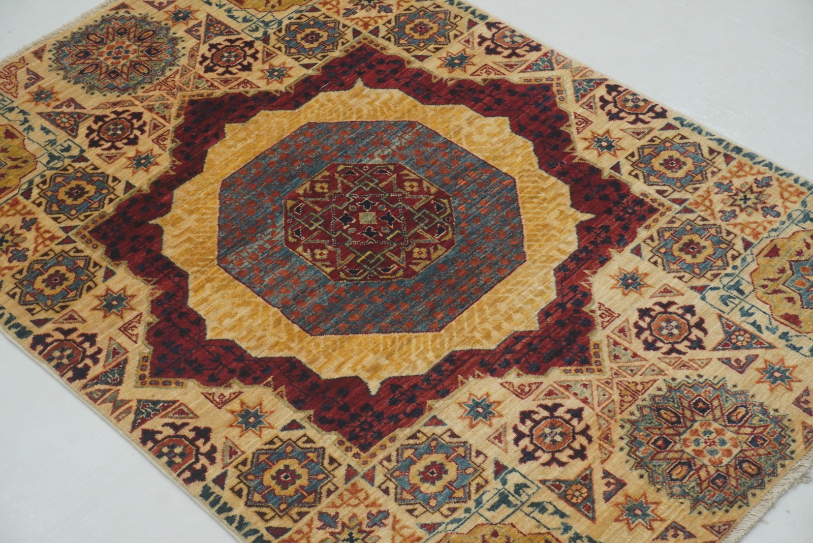 3×4 ft Ivory Beige Mamluk Afghan Hand Knotted Wool Medallion Rug