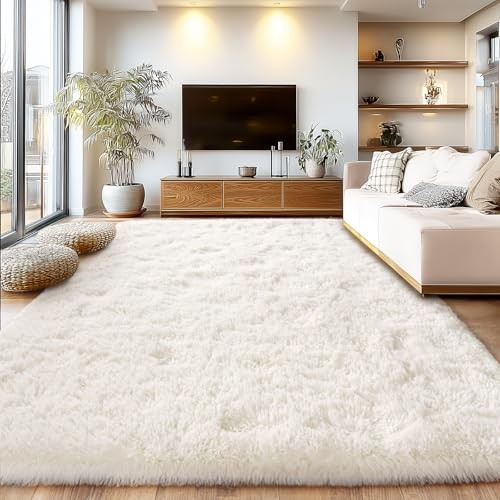Cream White Plush Rug for Living Room – Non-Slip Carpet – Non-Slip