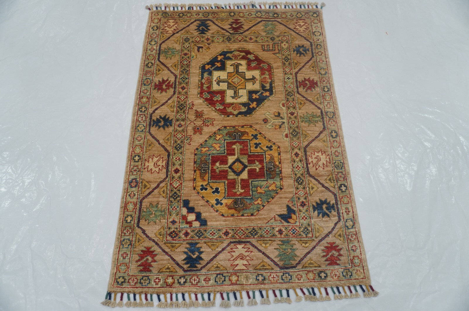3 x 4 ft Beige Ersari Afghan Hand Knotted Tribal Small Area Rug
