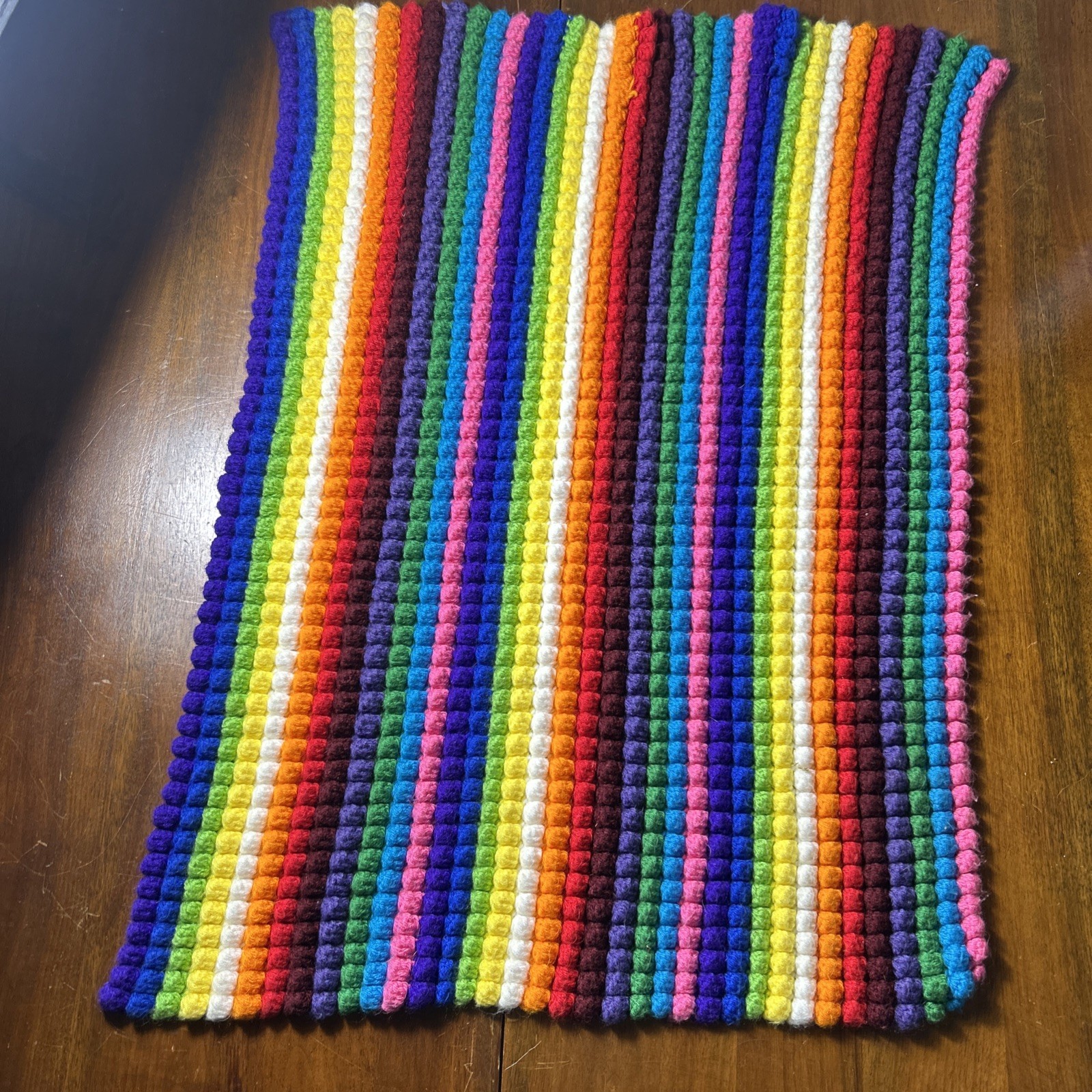 Vintage Crochet Rug Tight Knit Handmade Rainbow Stripe 24” X 29” Boho Homemaking