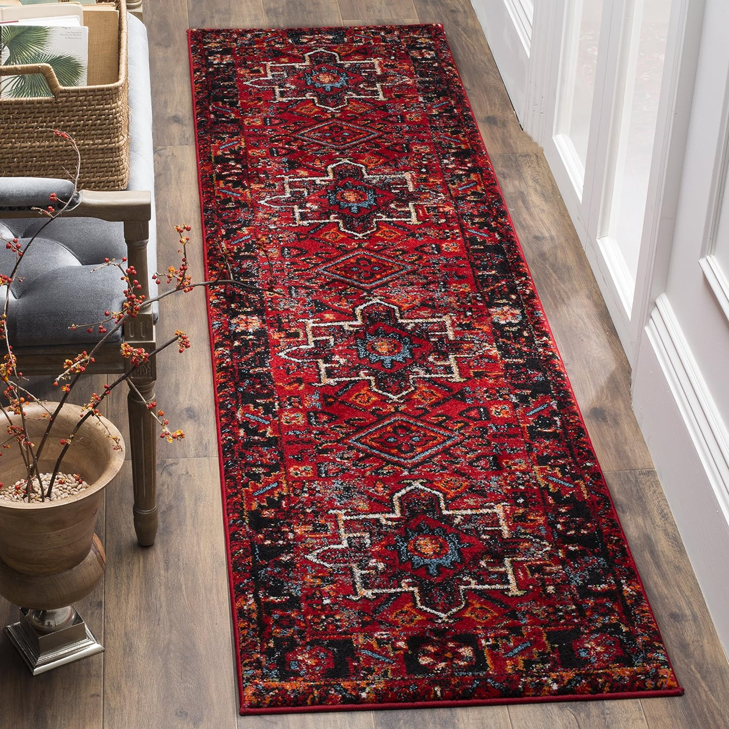 Vintage Hamadan Collection Runner Rug – 2’3″ X 8′, Red & Multi, Oriental Traditi