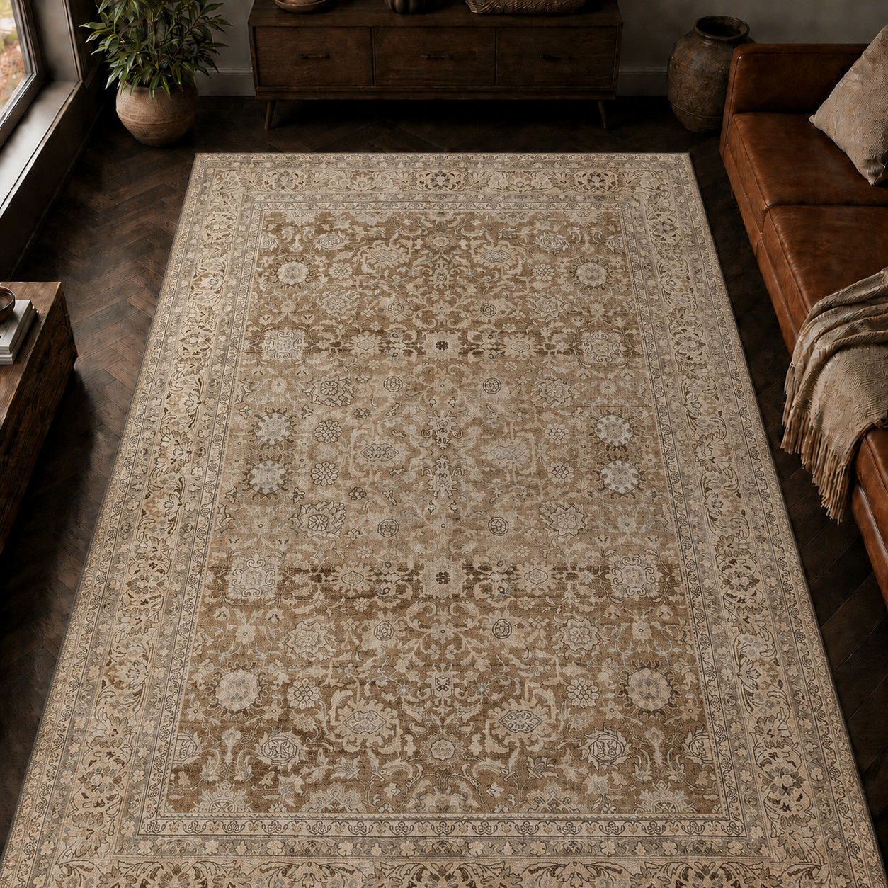 Brown and Tan Traditional Oushak Carpet Washable Runner Rug and Area Rug Options