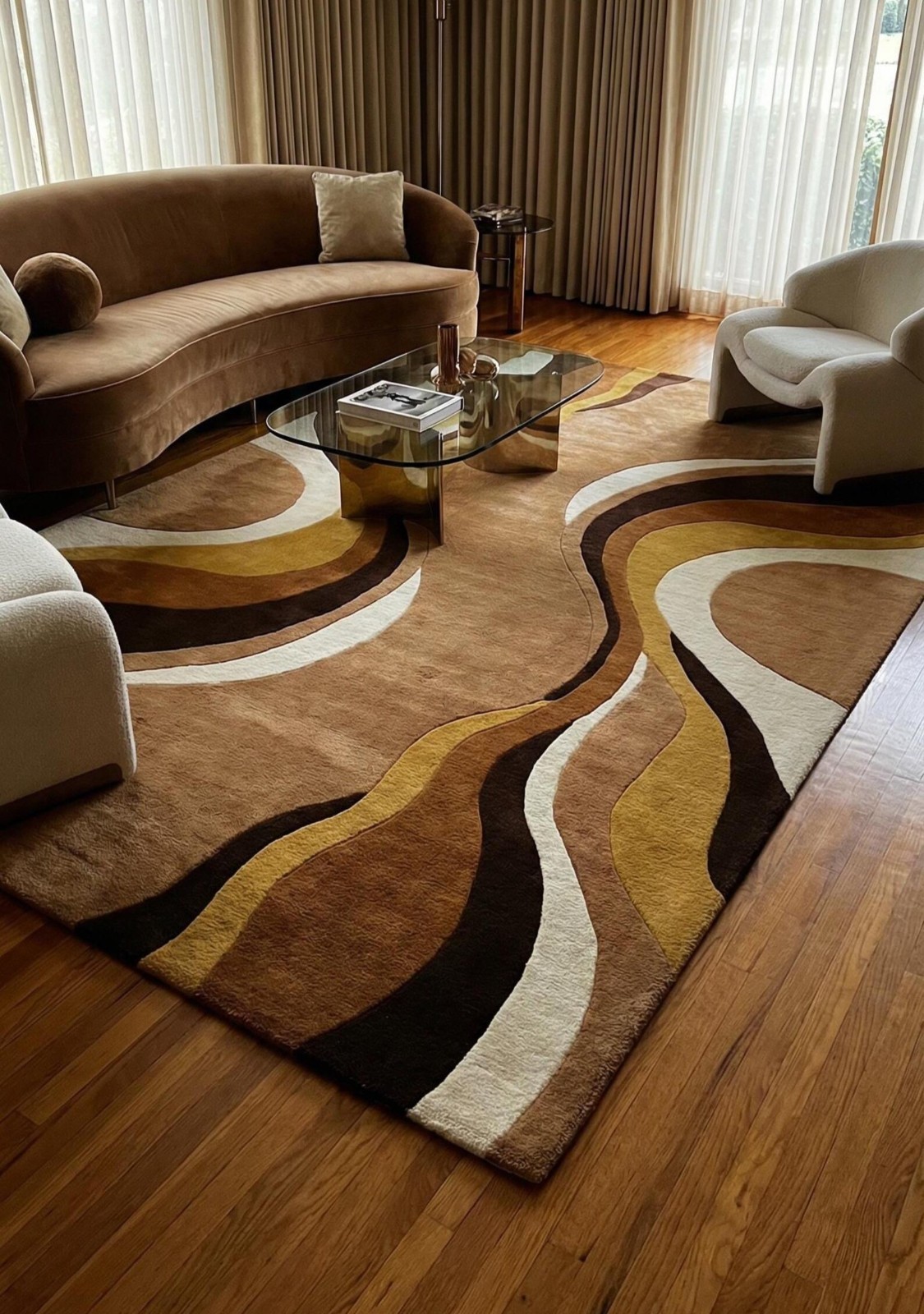 Modern Abstract Swirl Area Rug, Mid Century Boho Carpet, Rust Red Beige Blue Rug