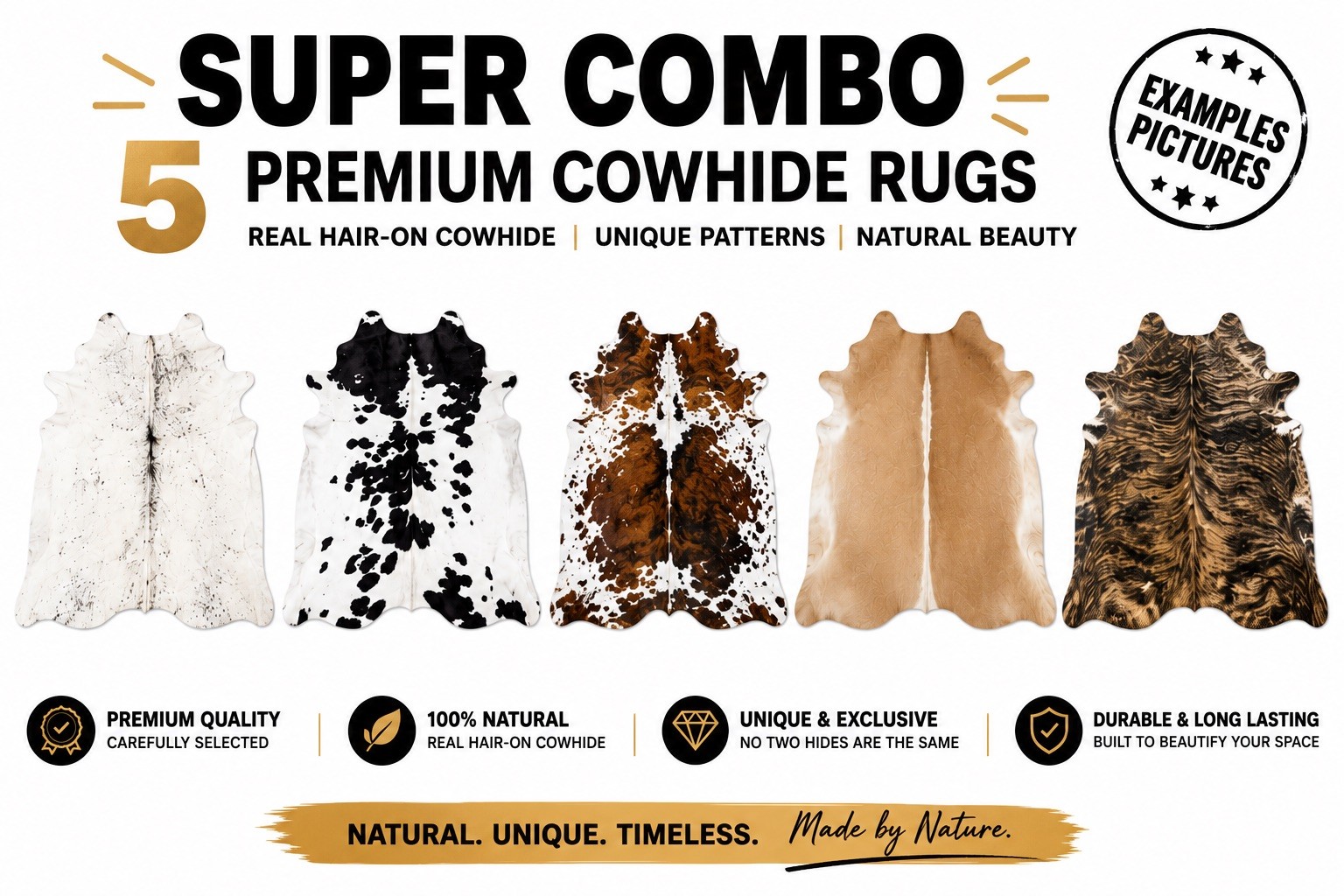 Cowhide Rug Set (5 pcs) – 6×6 ft Natural Leather Rugs, Custom Selection