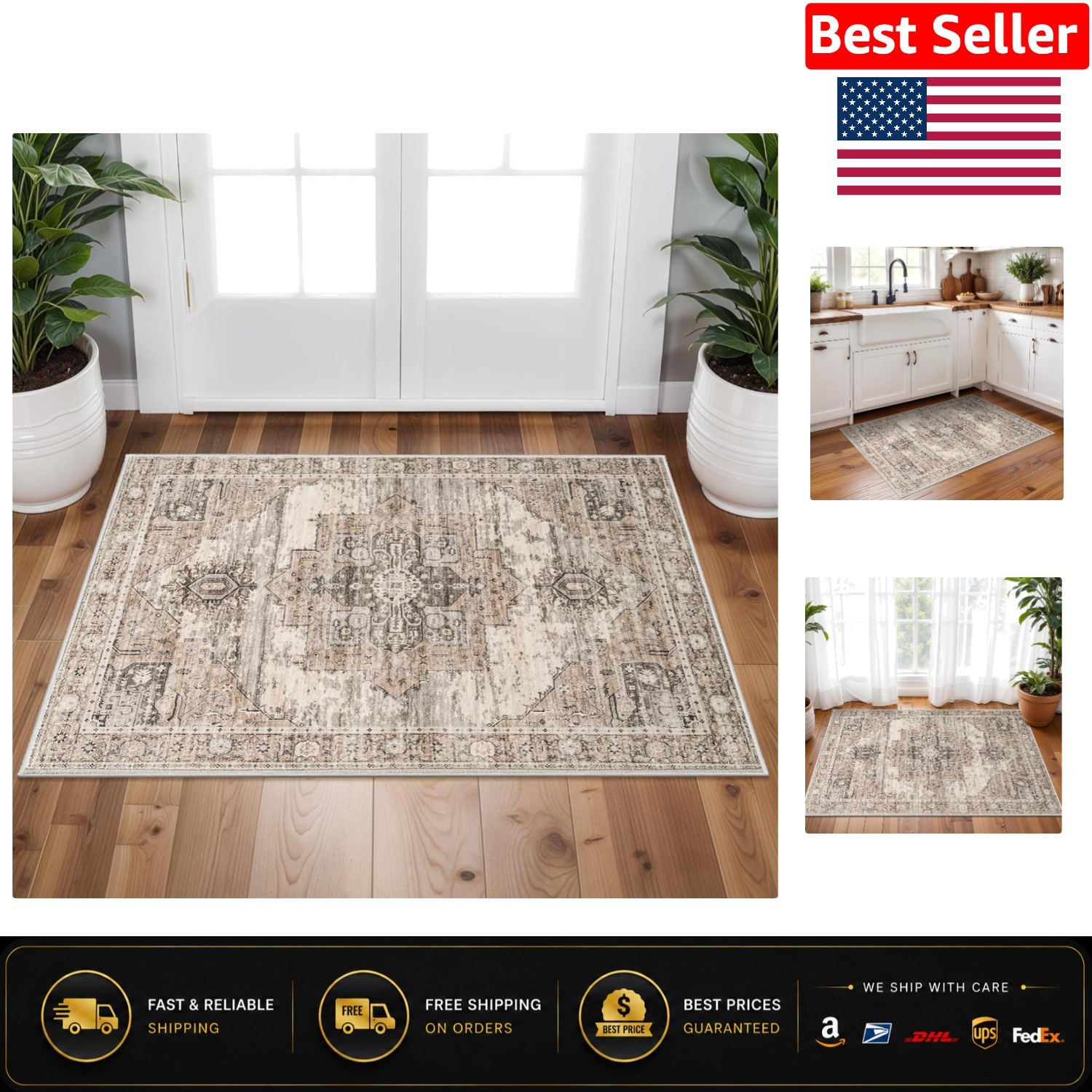 Comfortable Lightweight 2×3 Beige Area Rug – Vintage Washable Boho Tribal Design