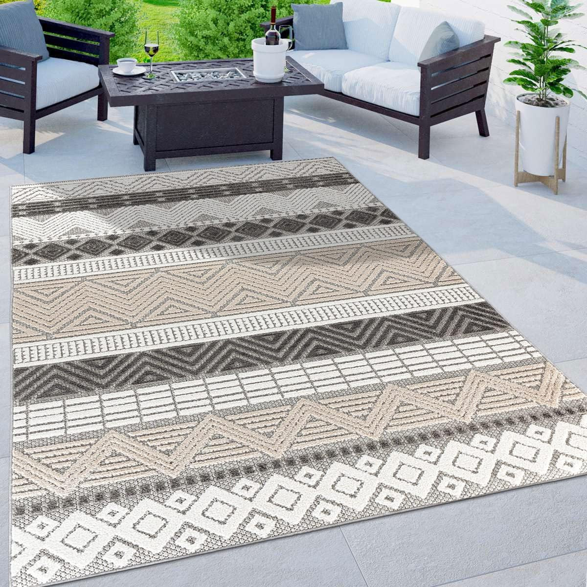 Marbella 7’10” X 10′ Gray Boho Non-Shedding Indoor/Outdoor Area Rug