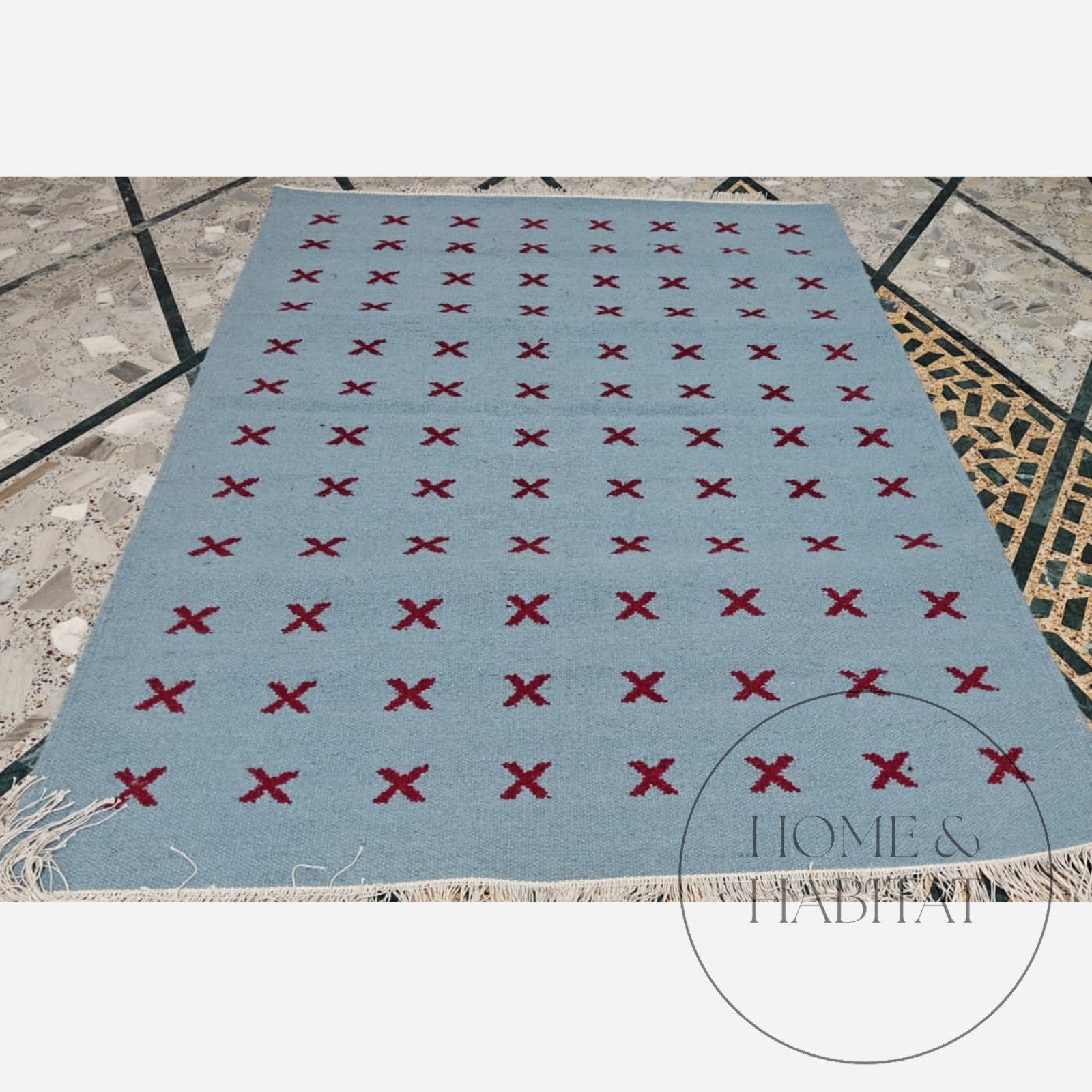 Handwoven Blue Burgundy Wool Area Rug, Cross Pattern, Nordic Design 2×3 Area Rug