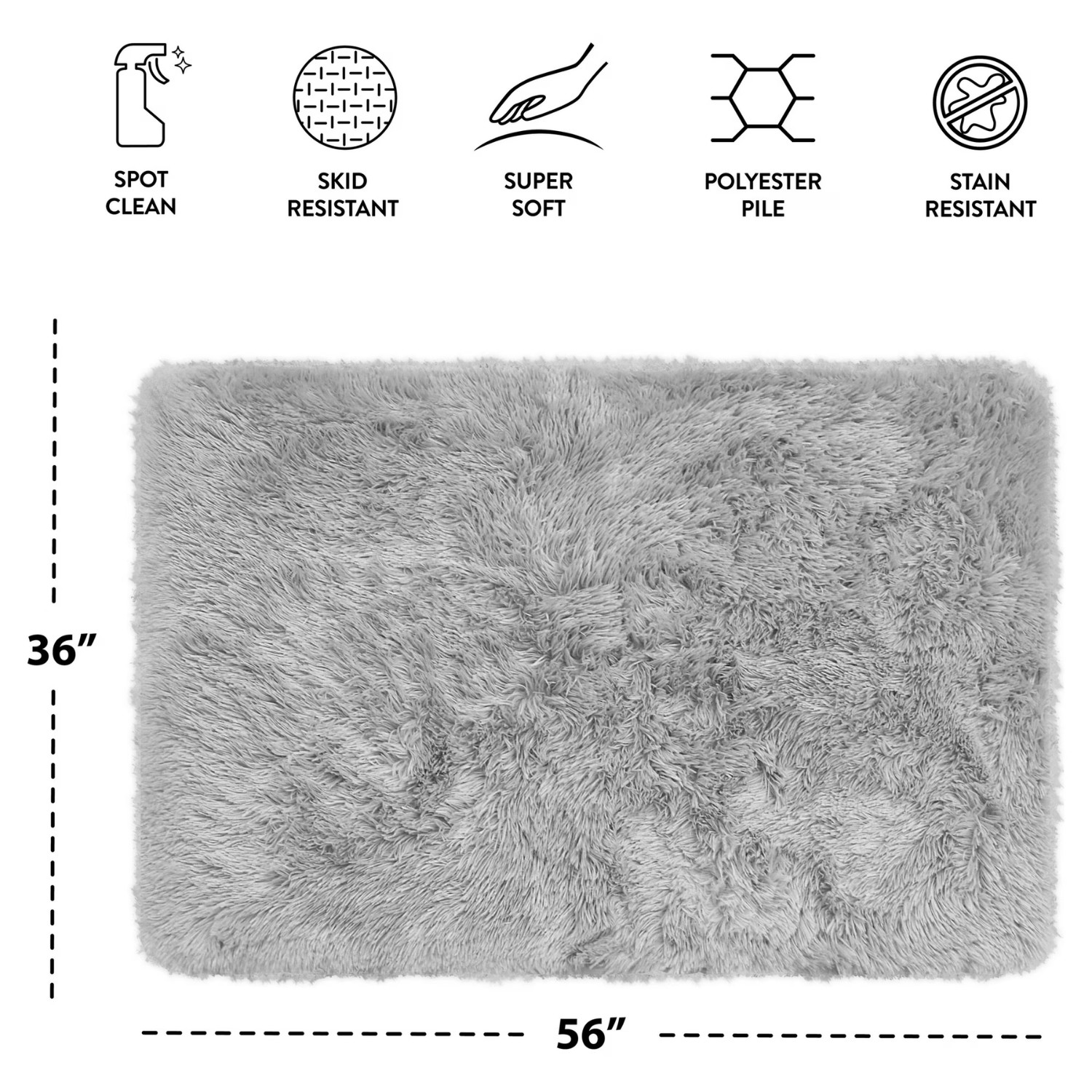 Mainstays Solid Grey Fluffy Shag Fur Area Rug, 36 in x 56 in