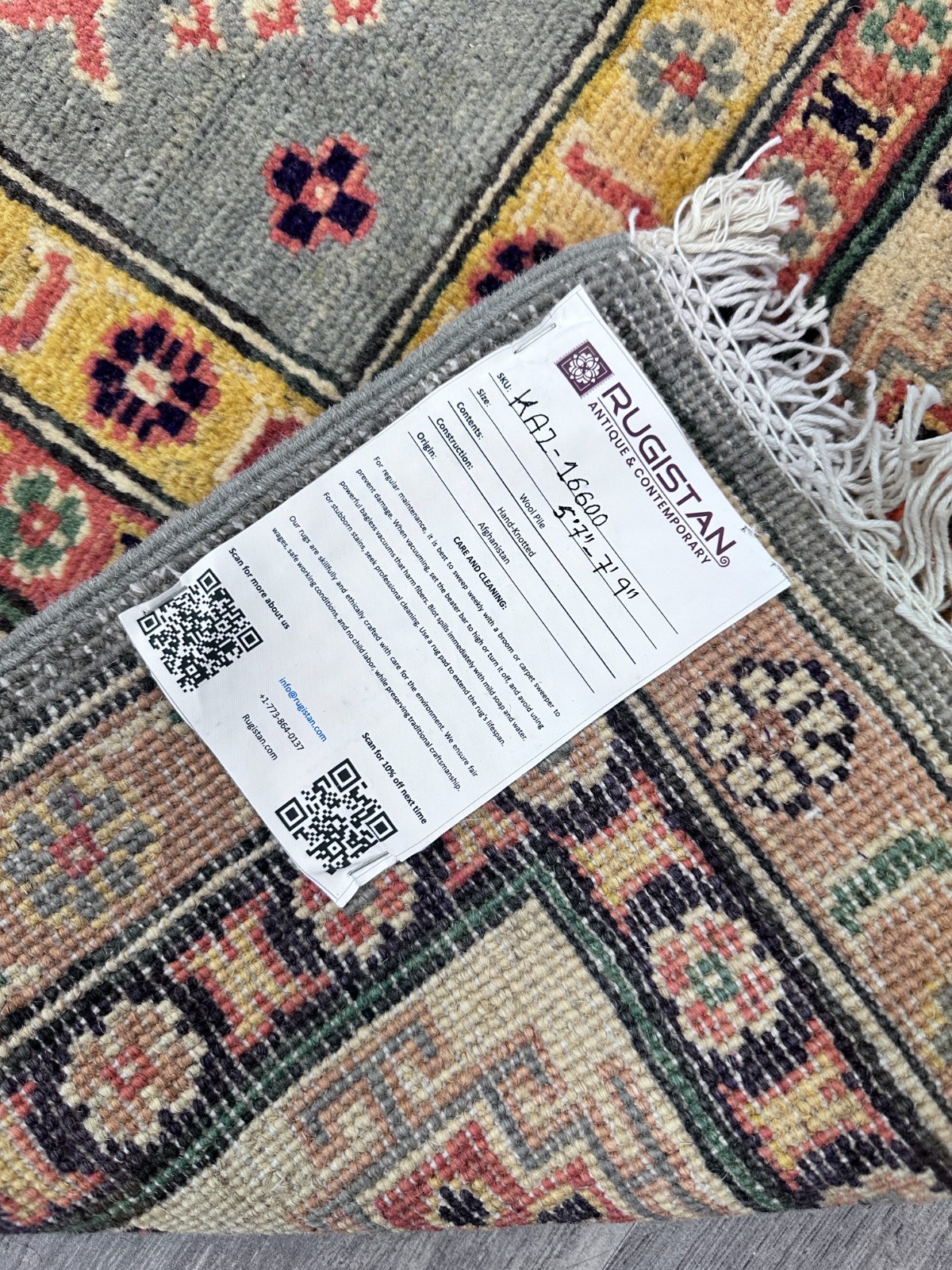 Hand-Knotted Afghani Kazak Wool Rug – 5’7″ x 7’9″