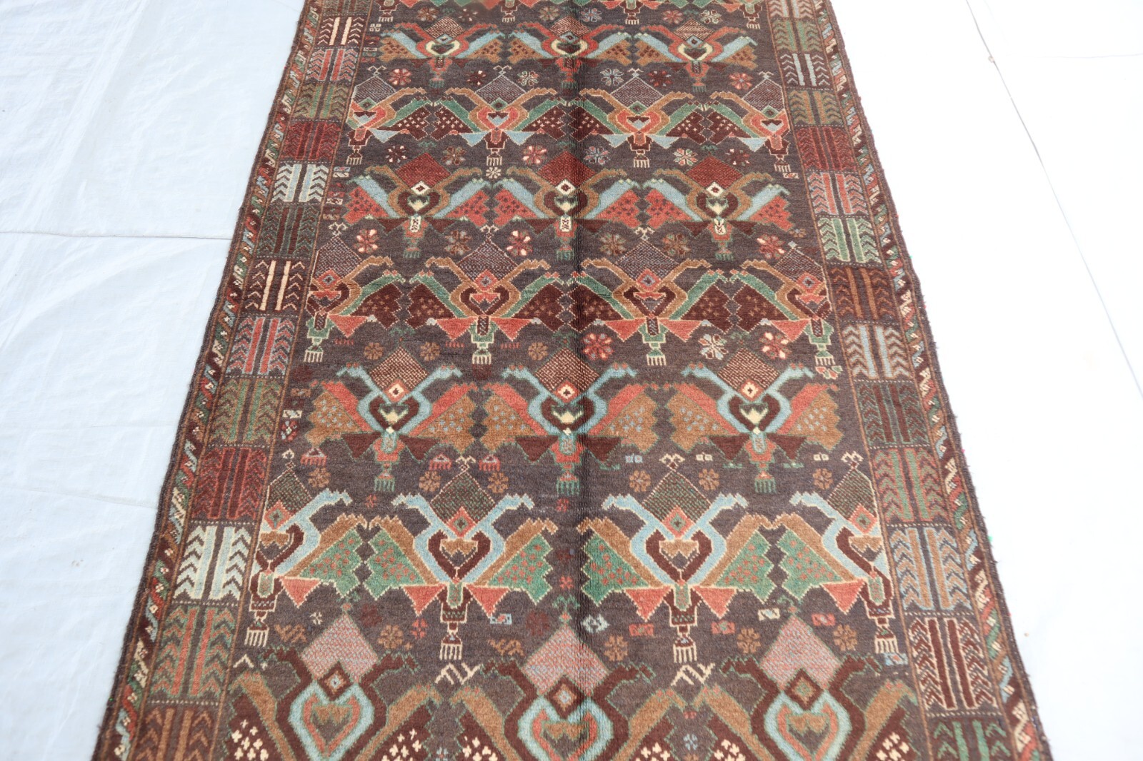 3’8×6’5 ft, Gray Afghan High Pile Geometric Rug, Fine Handmade Bohemian Area Rug