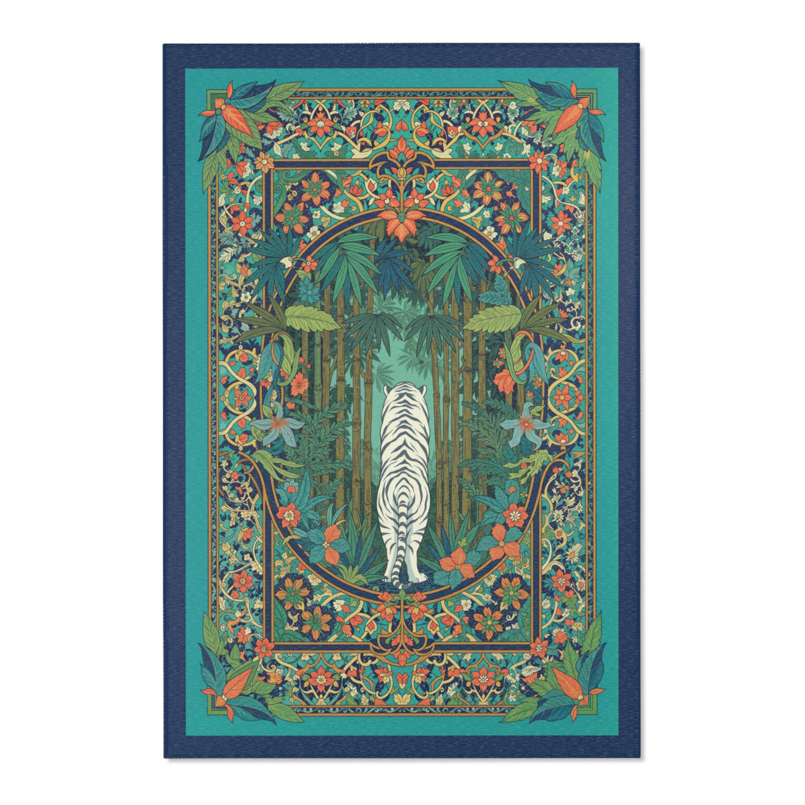 White Tiger Jungle Area Rug, Teal Tropical Bamboo Floor Mat, Art Nouveau Botanic