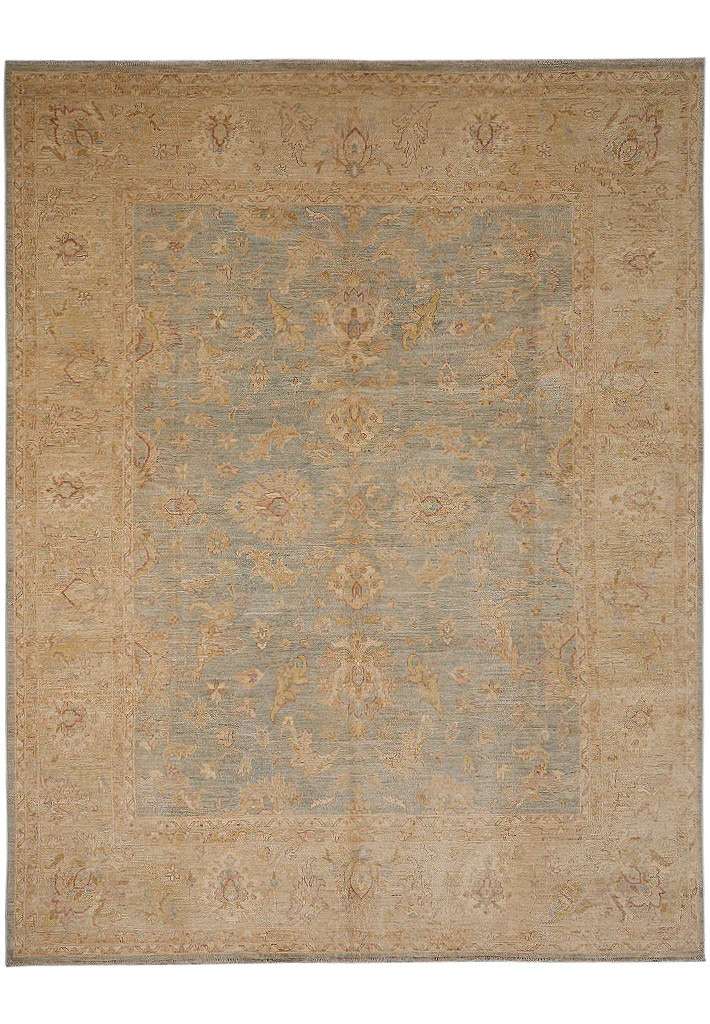 8 x 10 Neutral Green Chobi Peshawar Carpet Light Aqua Blue #F-4337