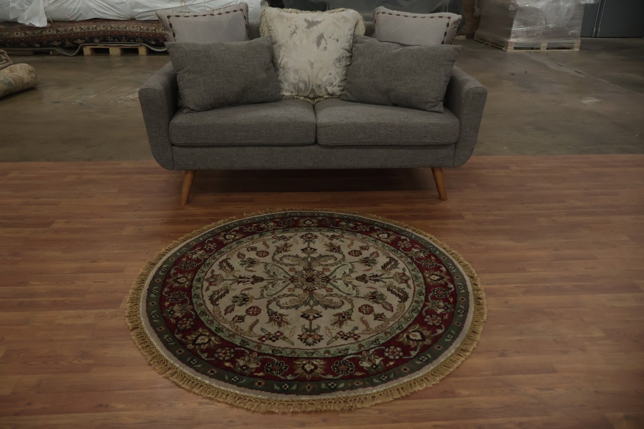 Classic Red and Taupe Beige 4×4 Round Rug with Exquisite Detailed Motifs