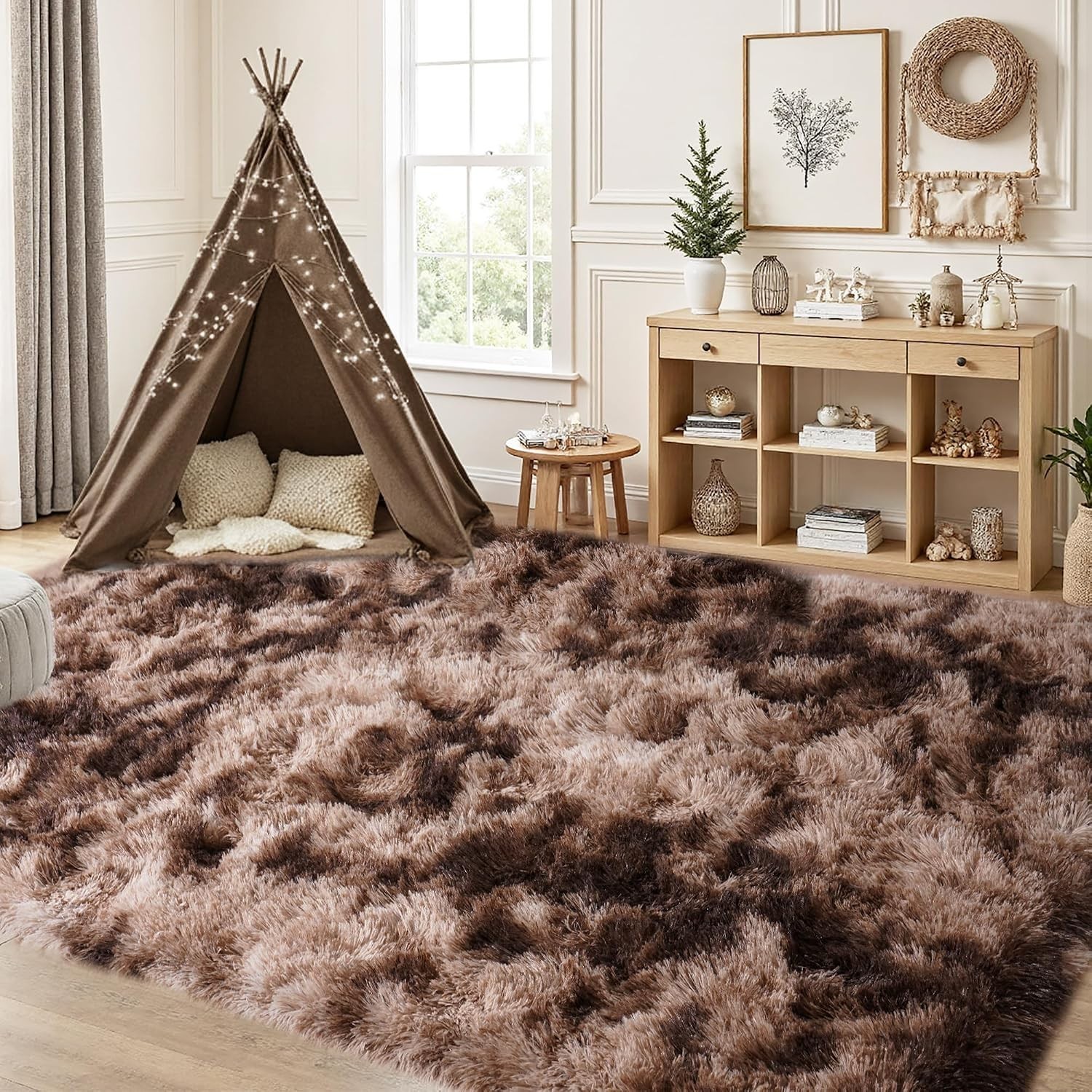 Fluffy Area Rugs 8×10 Large Tie-dyed Coffee Carpet for Living Room Bedroom Floor